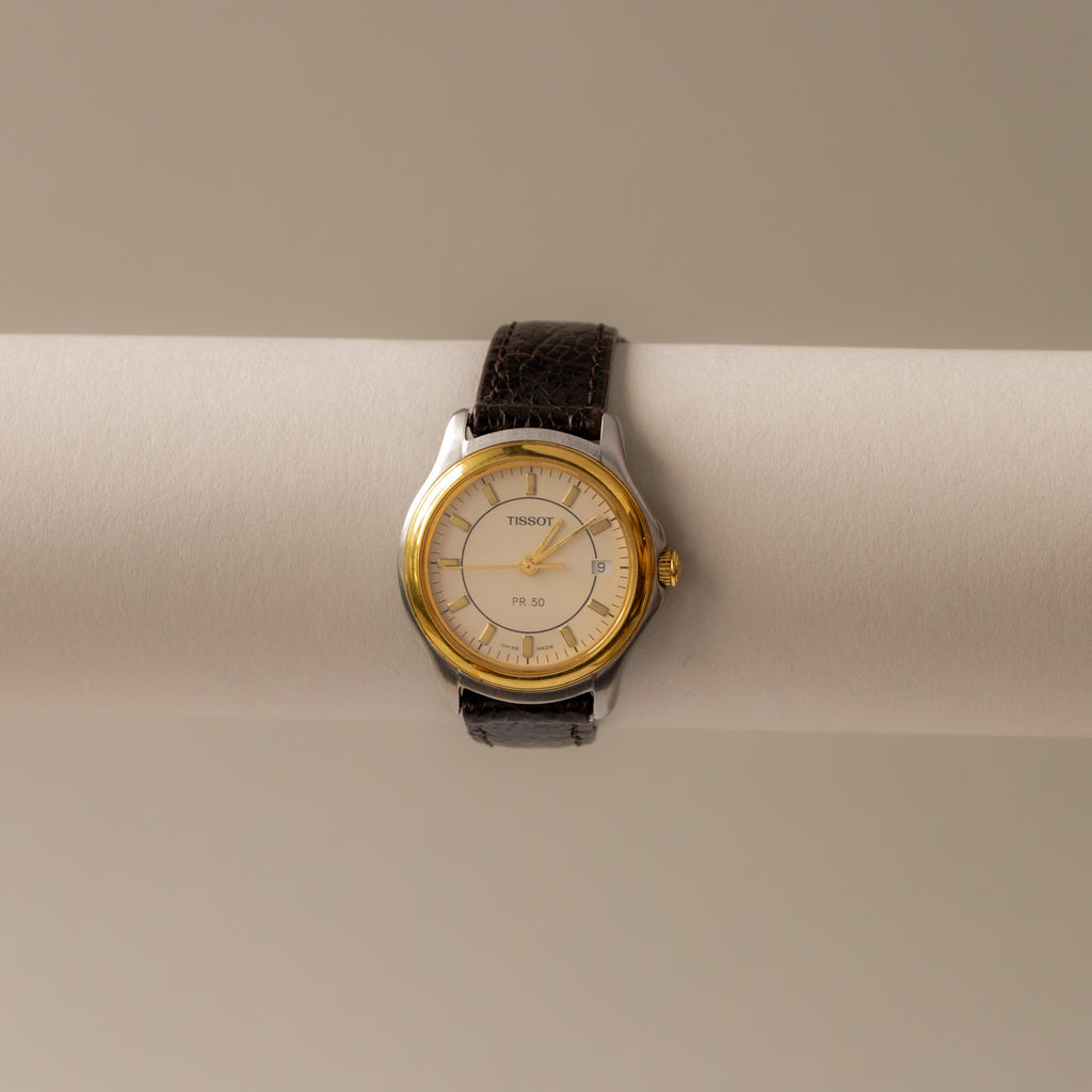 Vintage Tissot Swiss Brown Strap Two Tone Watch