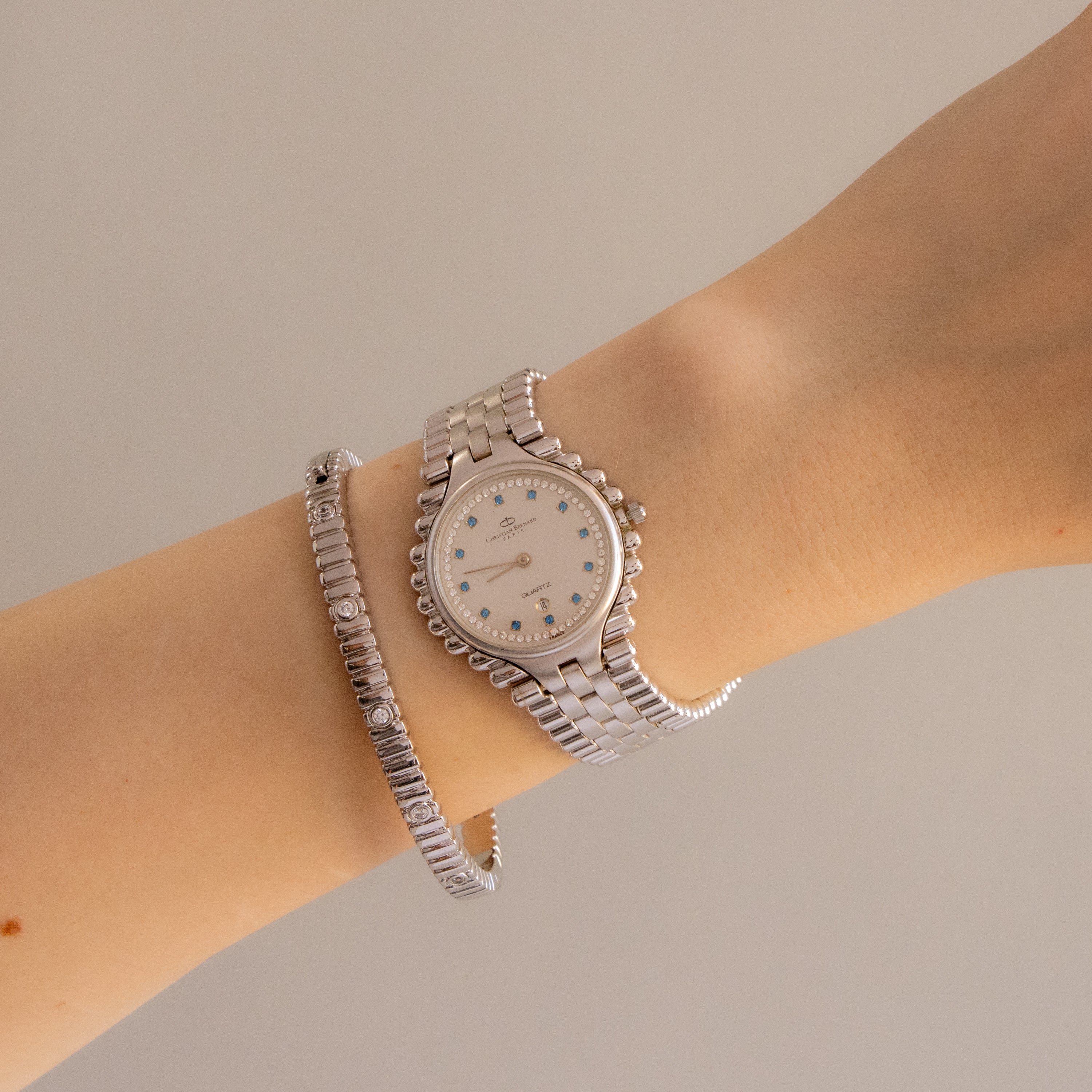 Rare Vintage Christian Bernard Swiss Aquamarine Silver Watch