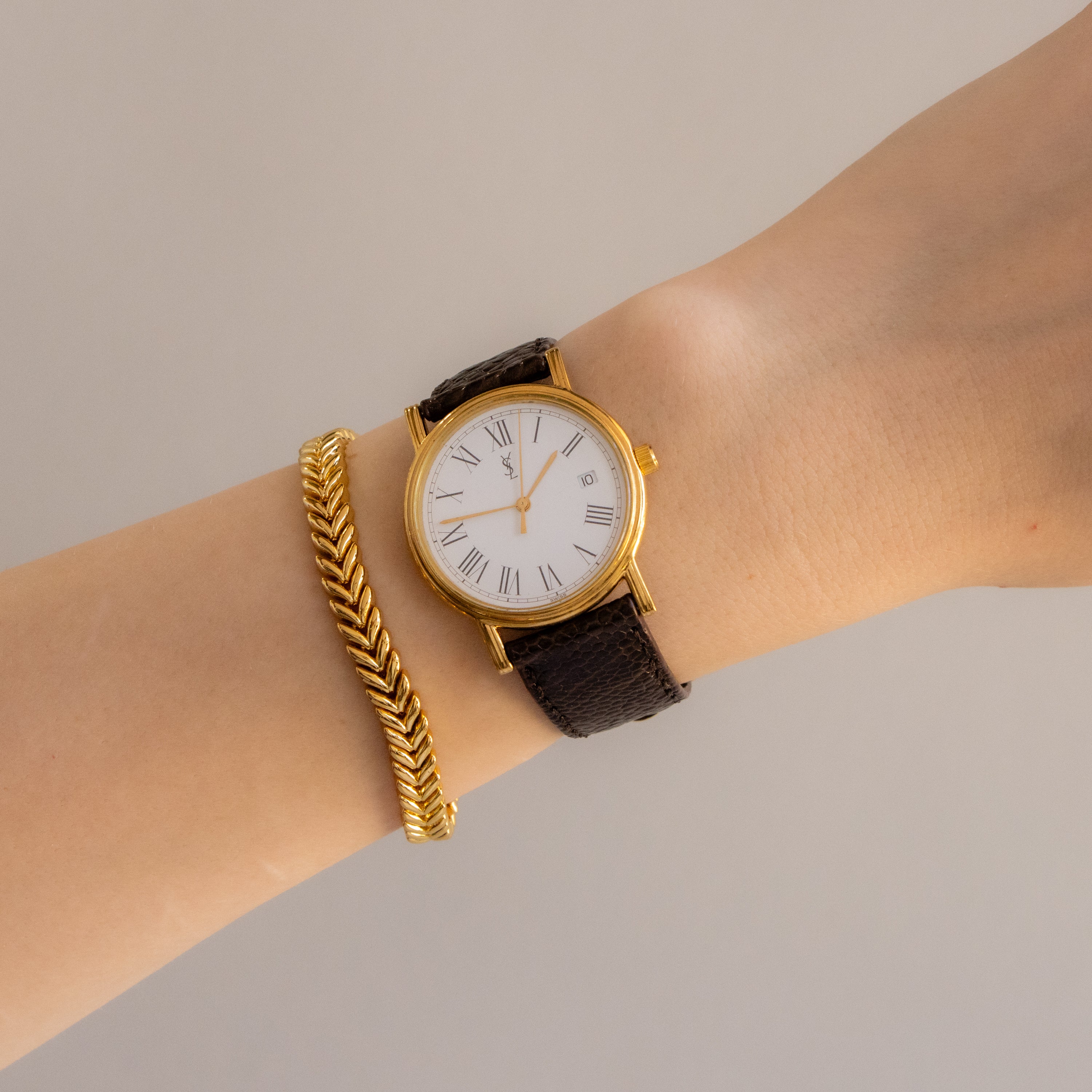 Vintage YSL Swiss Round Brown Strap Gold Watch