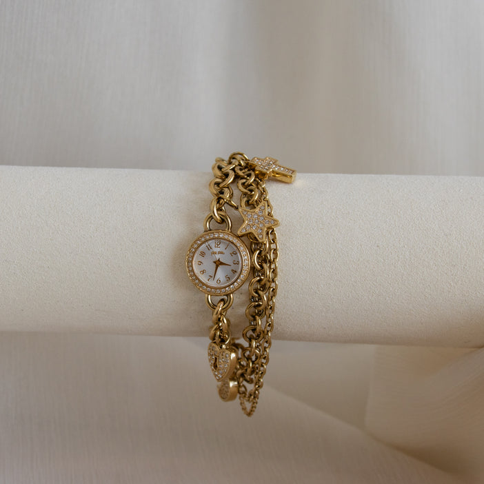 Vintage Folli Follie Round Pave Link Gold Watch