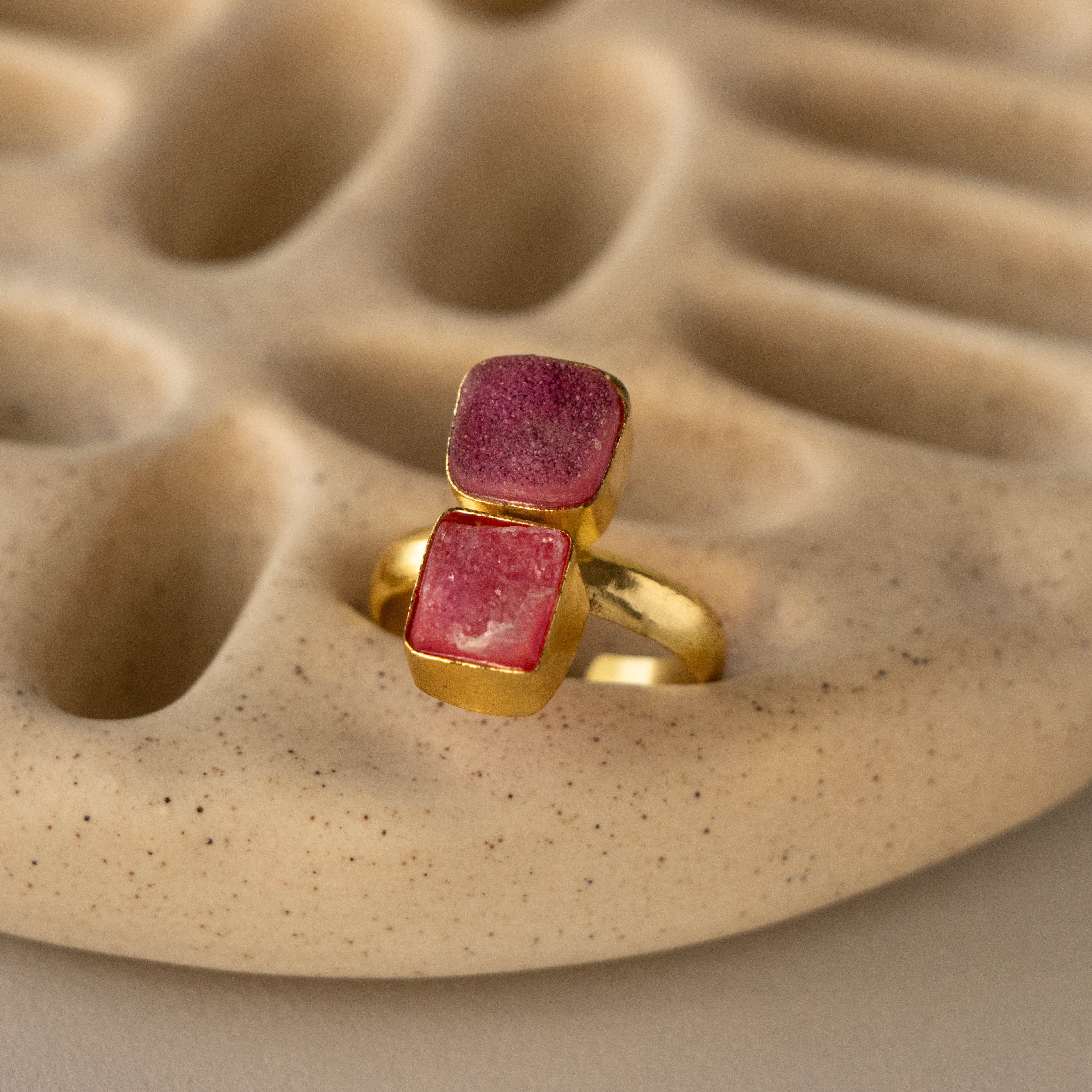 Duo Rose Druzy Quartz Statement Ring