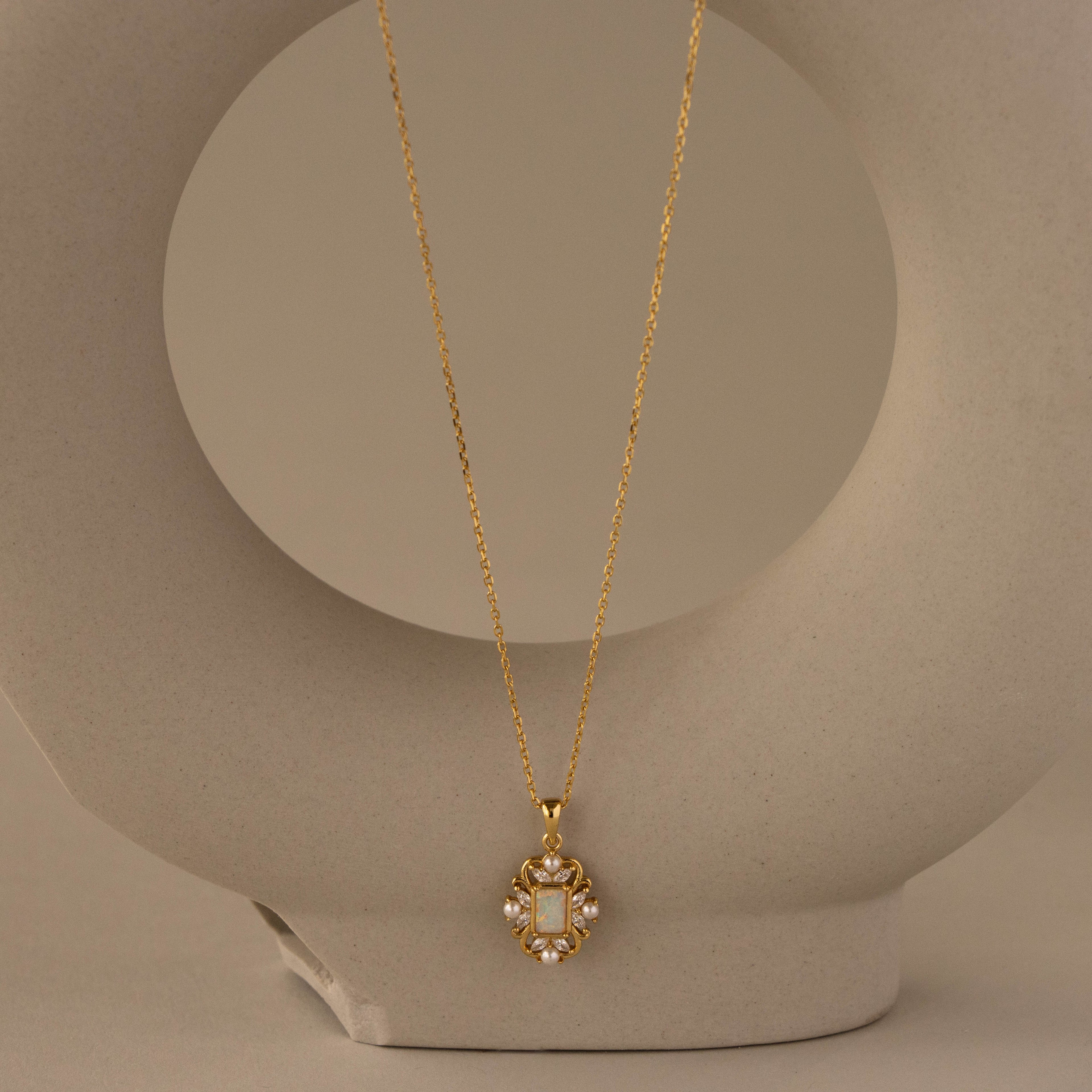 Victorian Opal Pearl Flower Frame Necklace