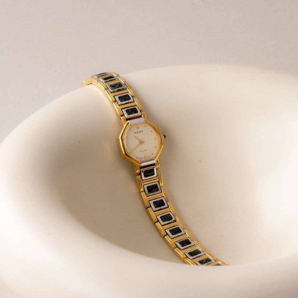 Vintage Rado Black Opal Ribbed Two Tone Watch