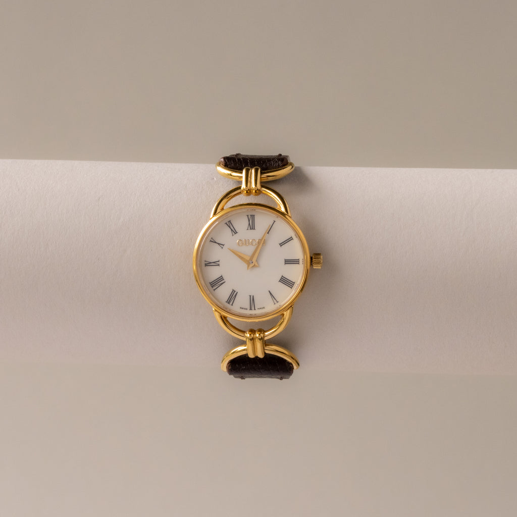 Vintage Gucci Swiss Roman Brown Strap Gold Watch