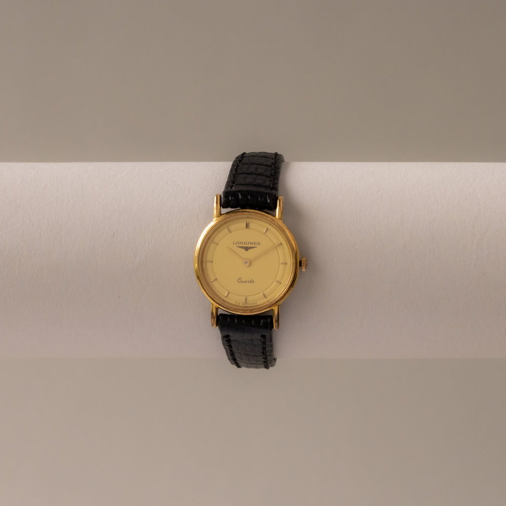 Vintage Longines Swiss Black Strap Gold Watch