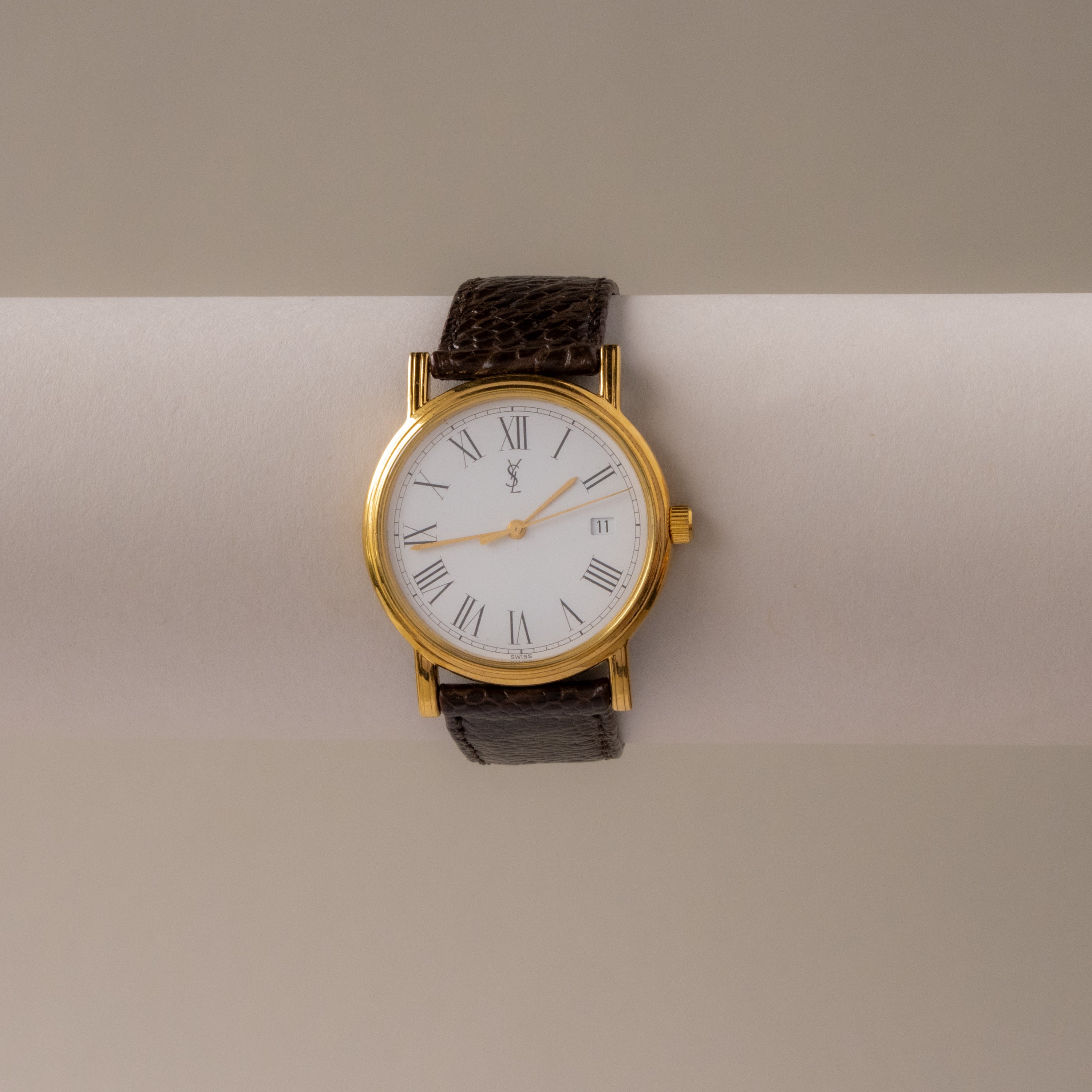 Vintage YSL Swiss Round Brown Strap Gold Watch