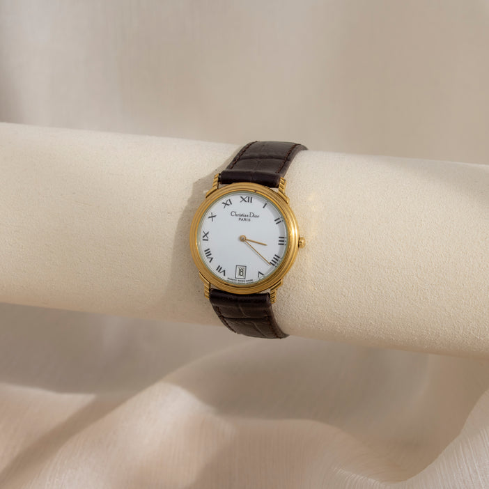 Vintage Christian Dior Brown Strap Gold Watch