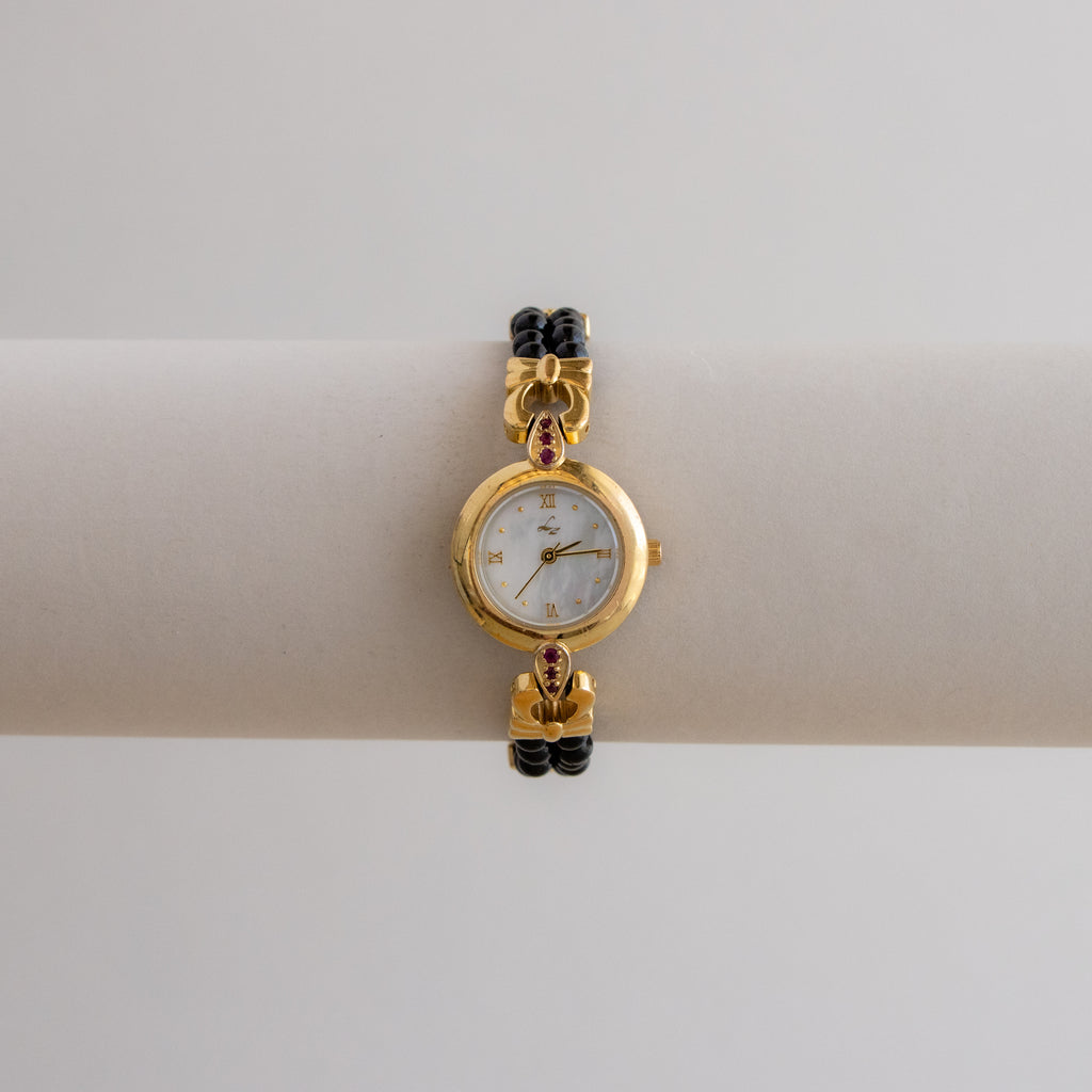 Vintage LZ Ruby Black Pearl Beaded Gold Watch