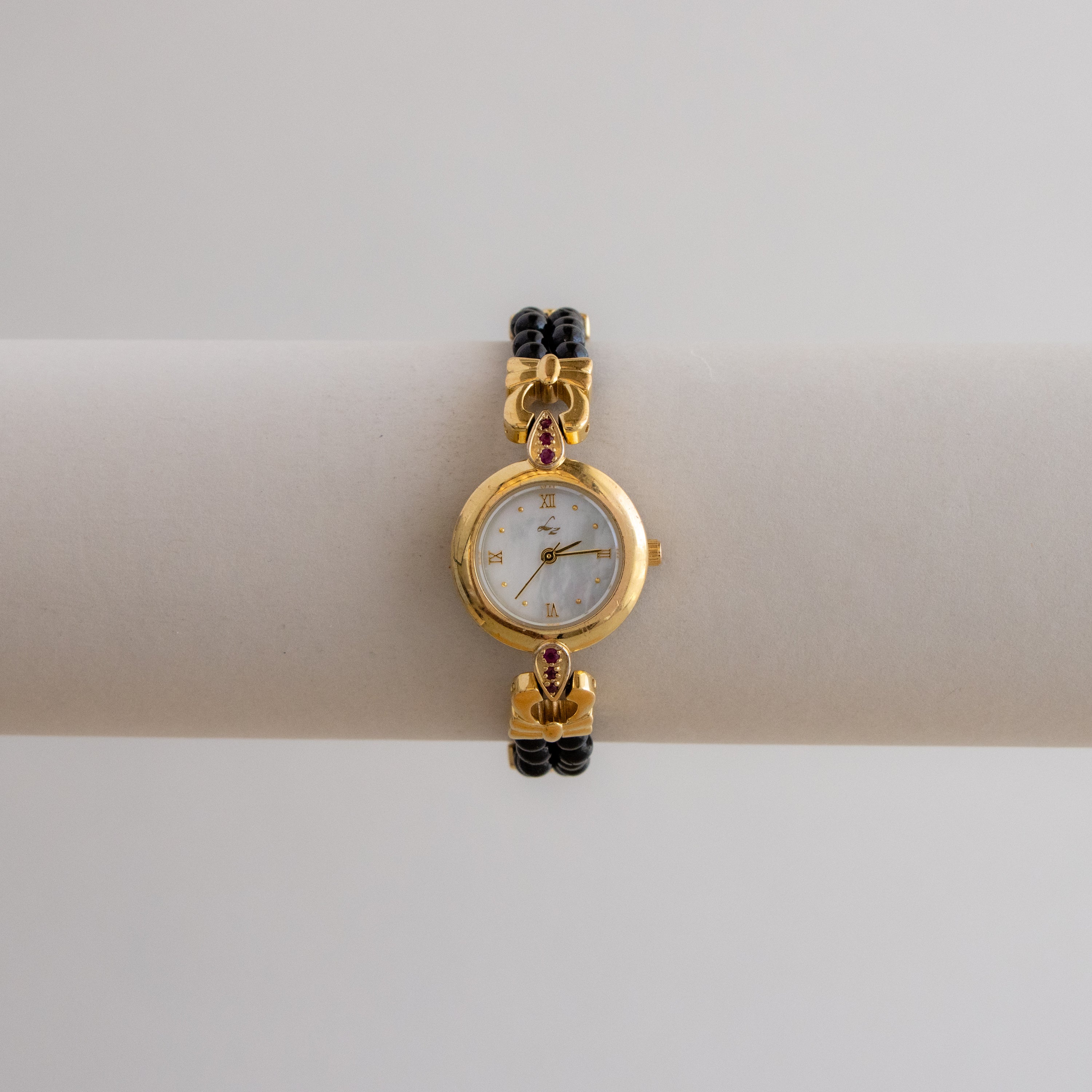 Vintage LZ Ruby Black Pearl Beaded Gold Watch
