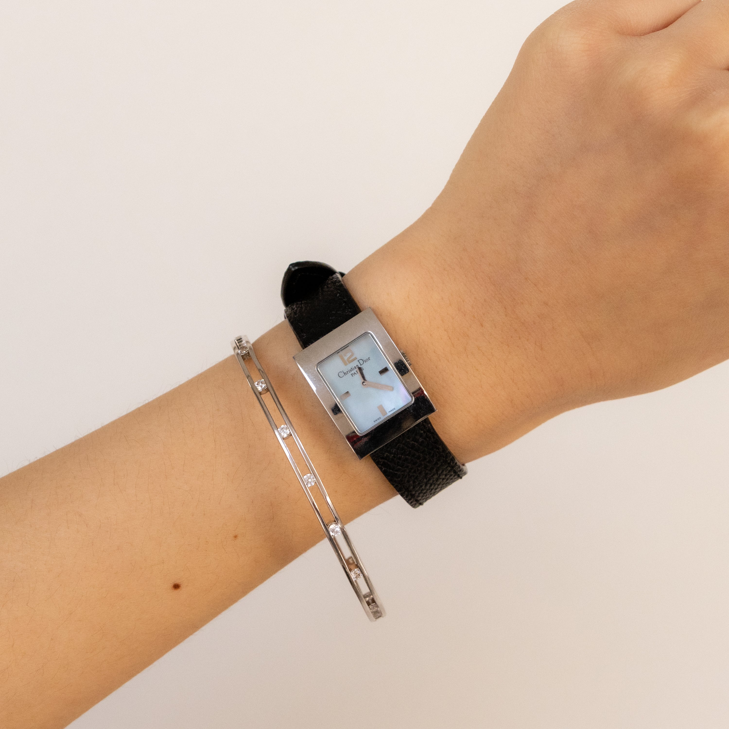 Vintage Christian Dior Swiss Square Pearl Silver Watch