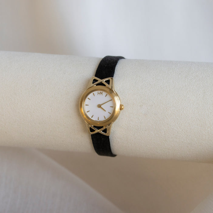 Vintage Hanae Mori Black Satin Gold Watch