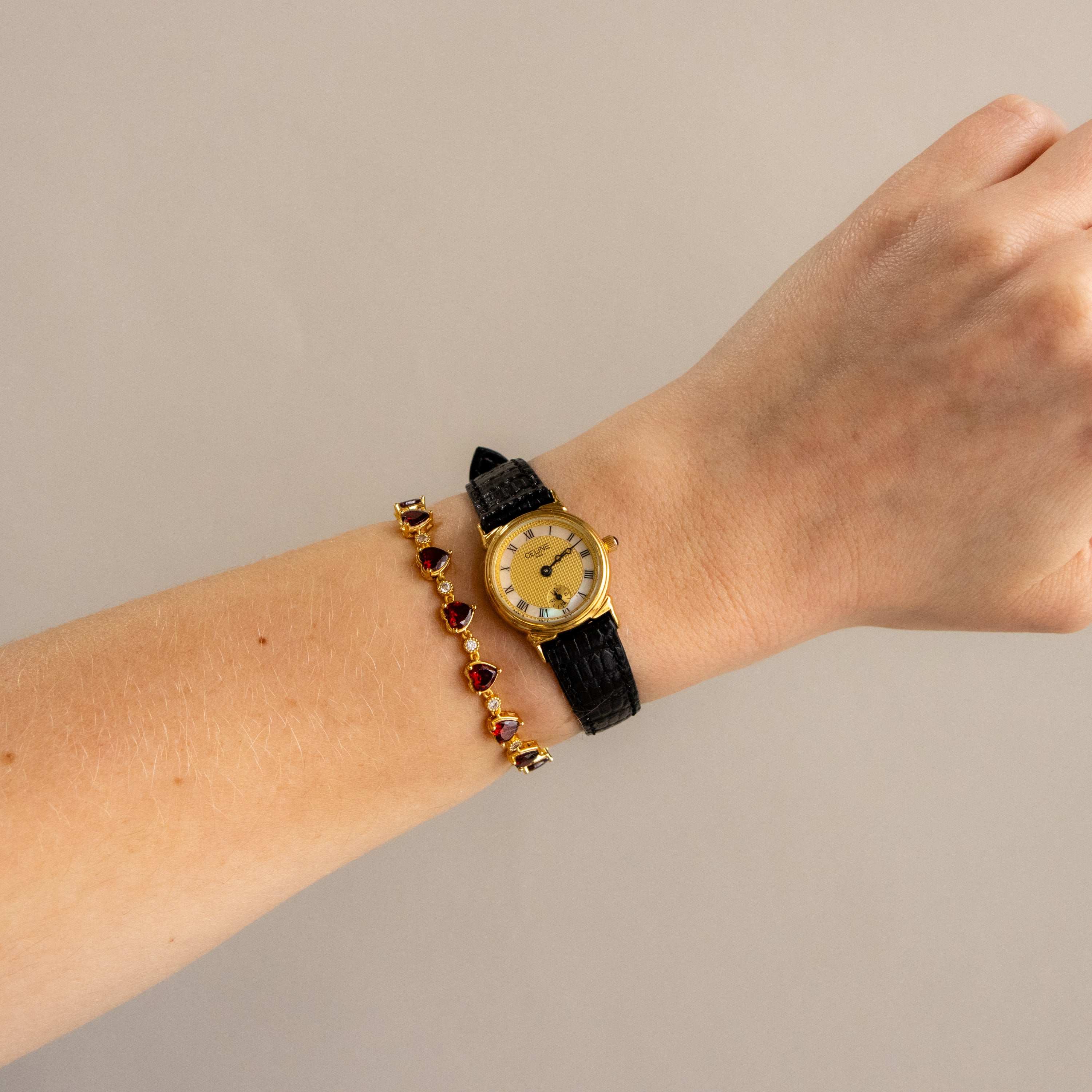 Vintage Celine Pearl Dial Leather Gold Watch