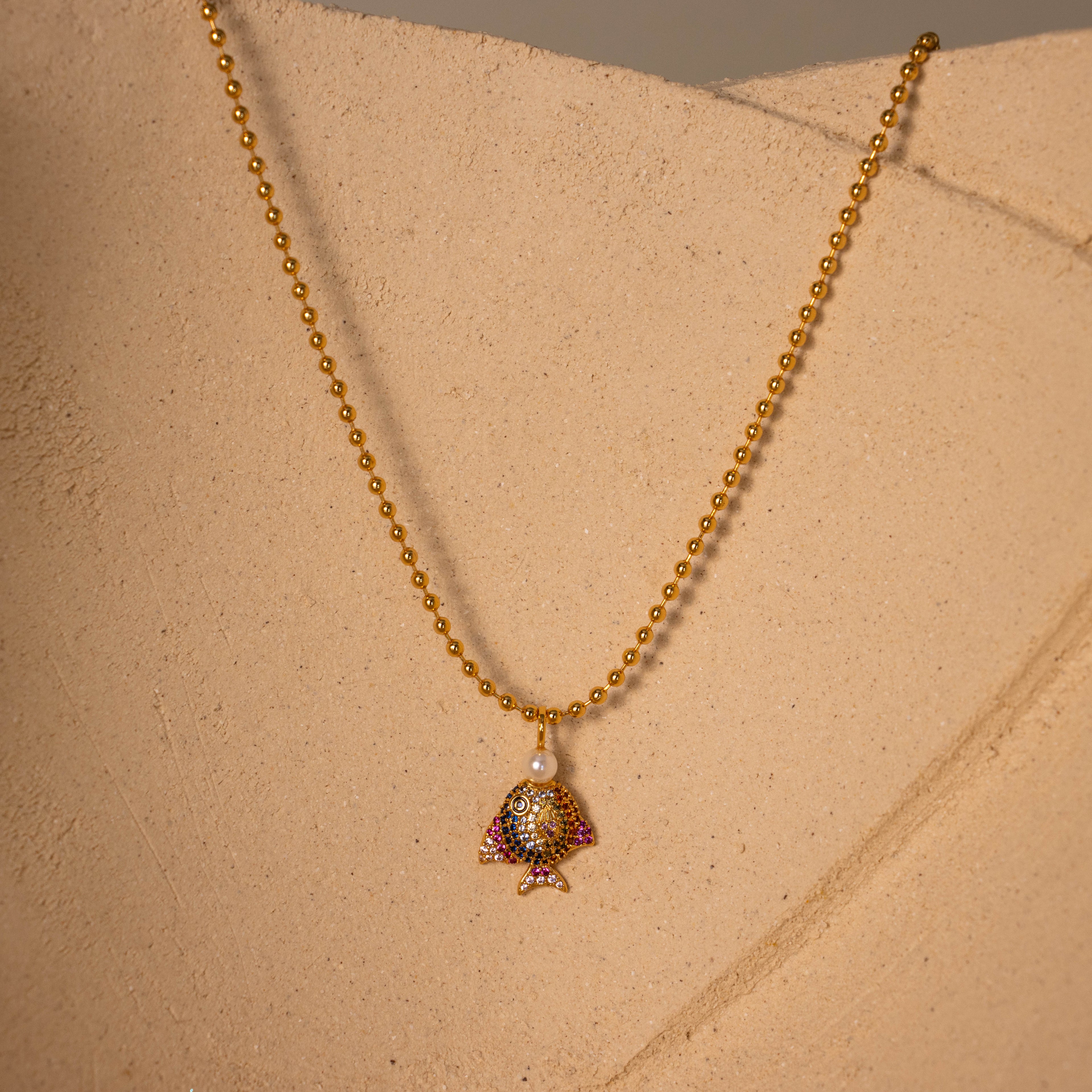 Rainbow Birthstone Fish & Pearl Necklace