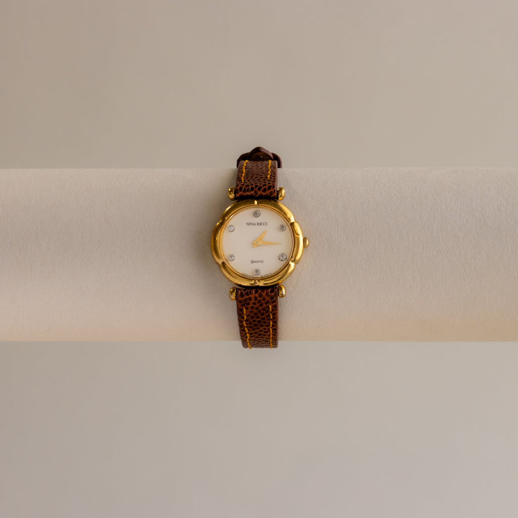 Vintage Nina Ricci Pave Brown Leather Gold Watch