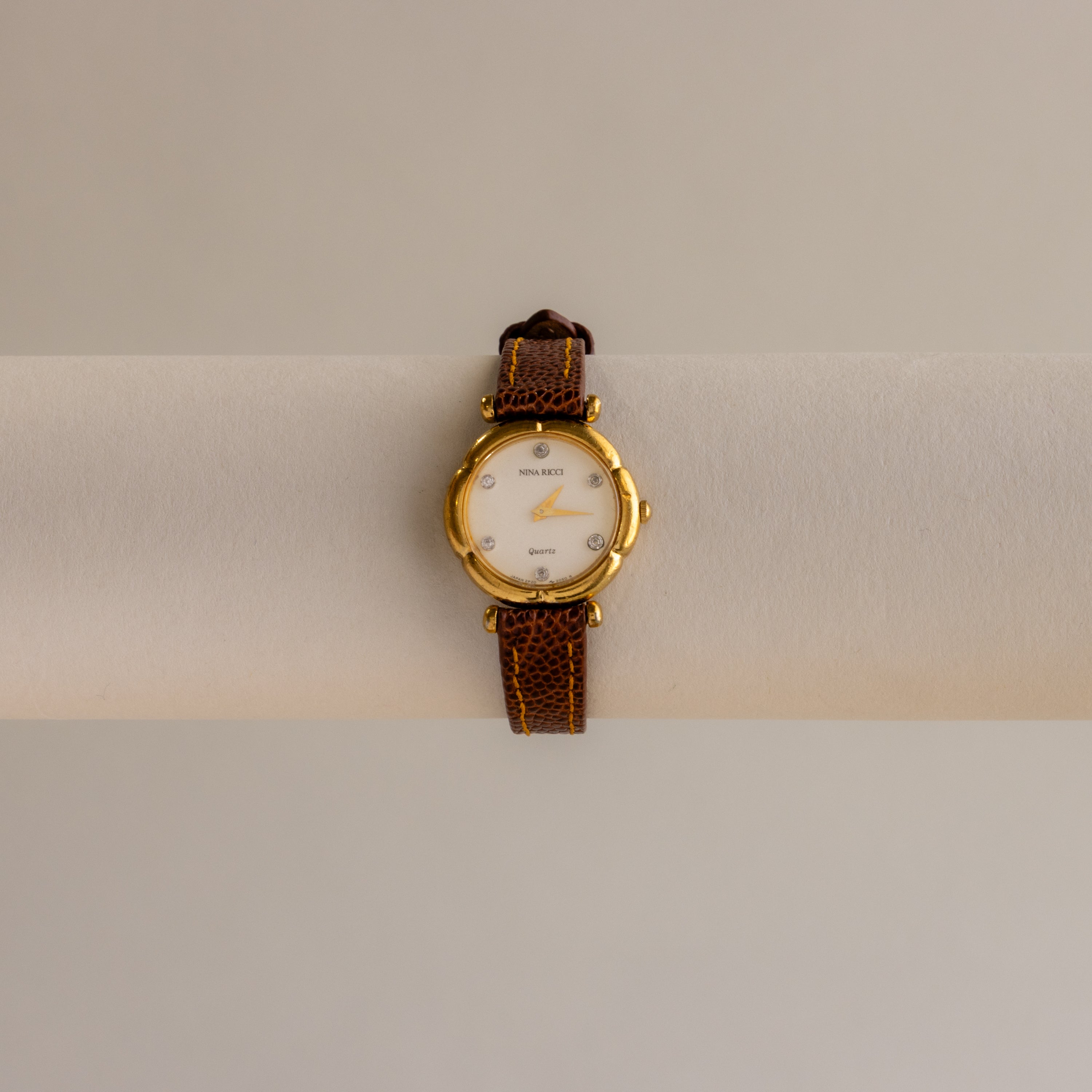 Vintage Nina Ricci Pave Brown Leather Gold Watch