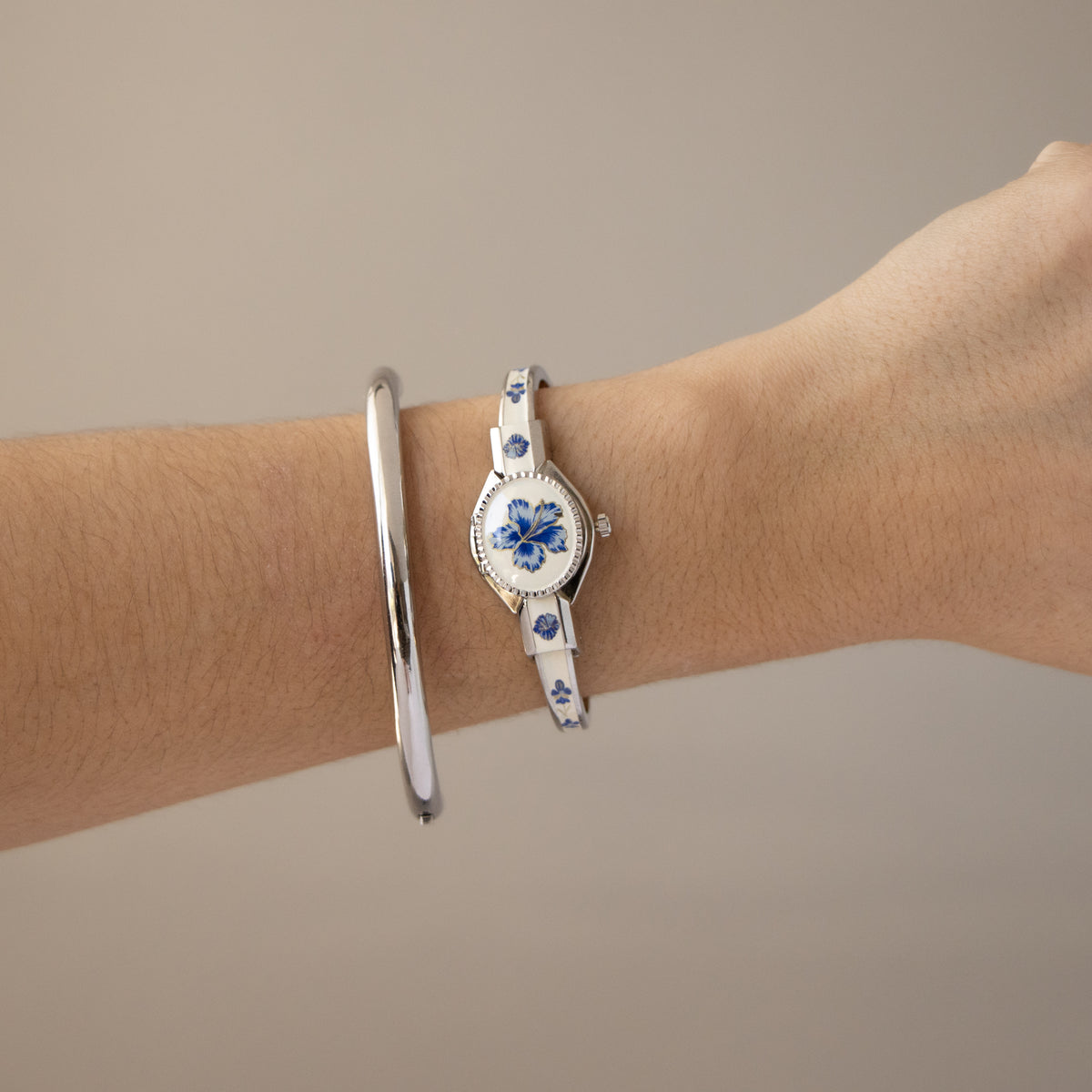 Vintage Andre Mouche Swiss Blue Iris Floral Locket Silver Watch