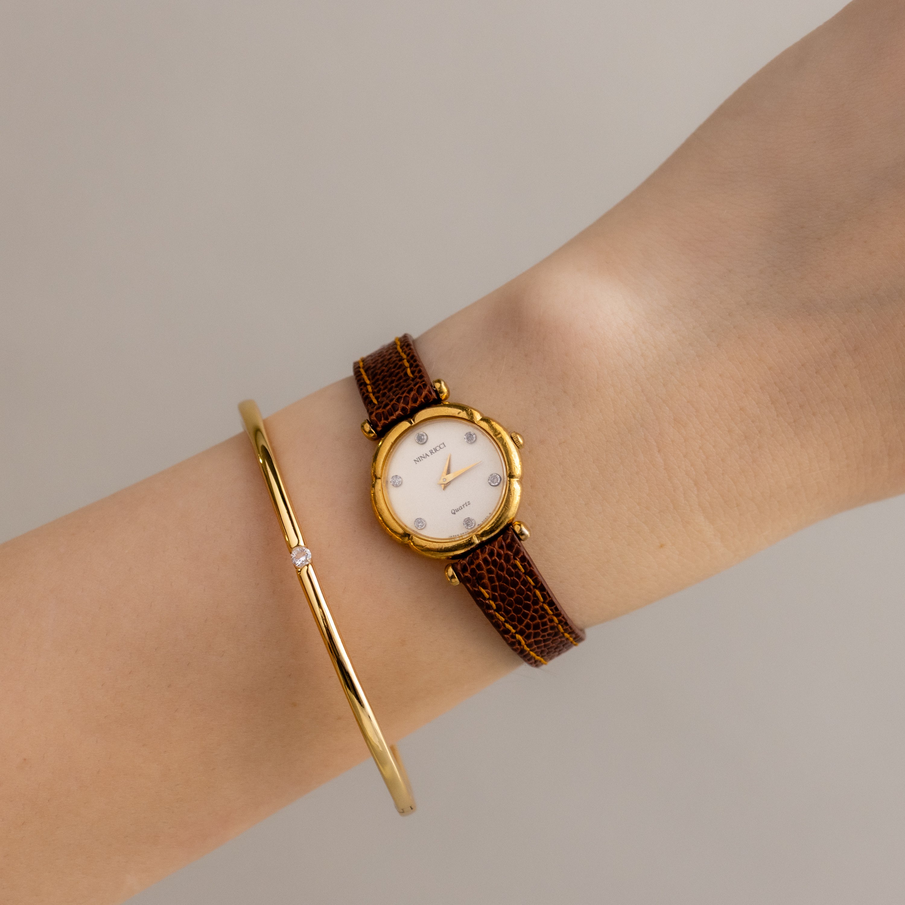Vintage Nina Ricci Pave Brown Leather Gold Watch