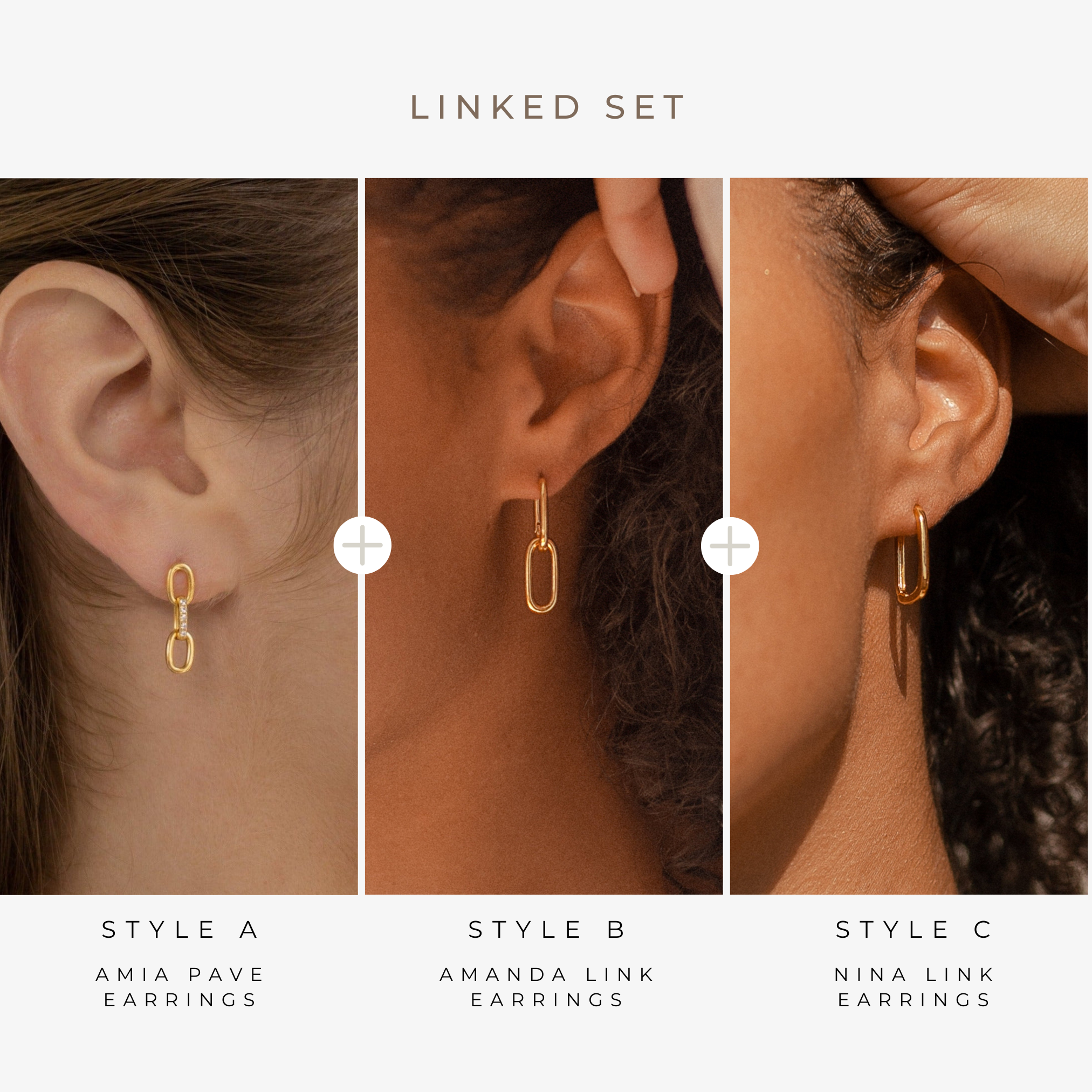 Three women wear unique modern gold earrings from the Linked Earrings Set, each showcasing a different style from this chic jewelry collection.