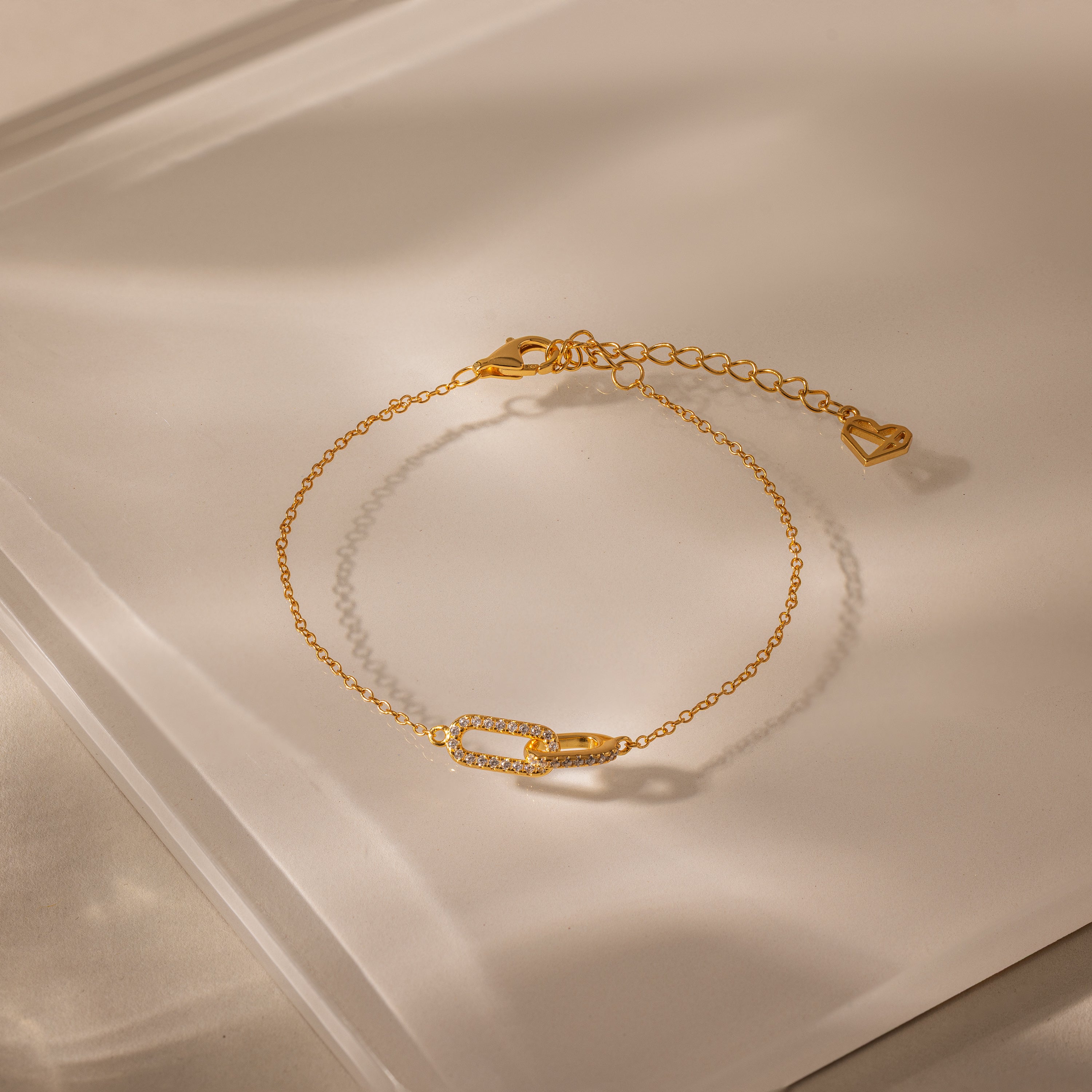 Close-up of a dainty gold chain bracelet featuring two interlocking links charms, one circle and one oval link.