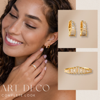 A smiling woman wears the Art Deco Huggies & Ring Set; close-ups showcase the gold earrings and ring with baguette diamonds, highlighting their dazzling design.