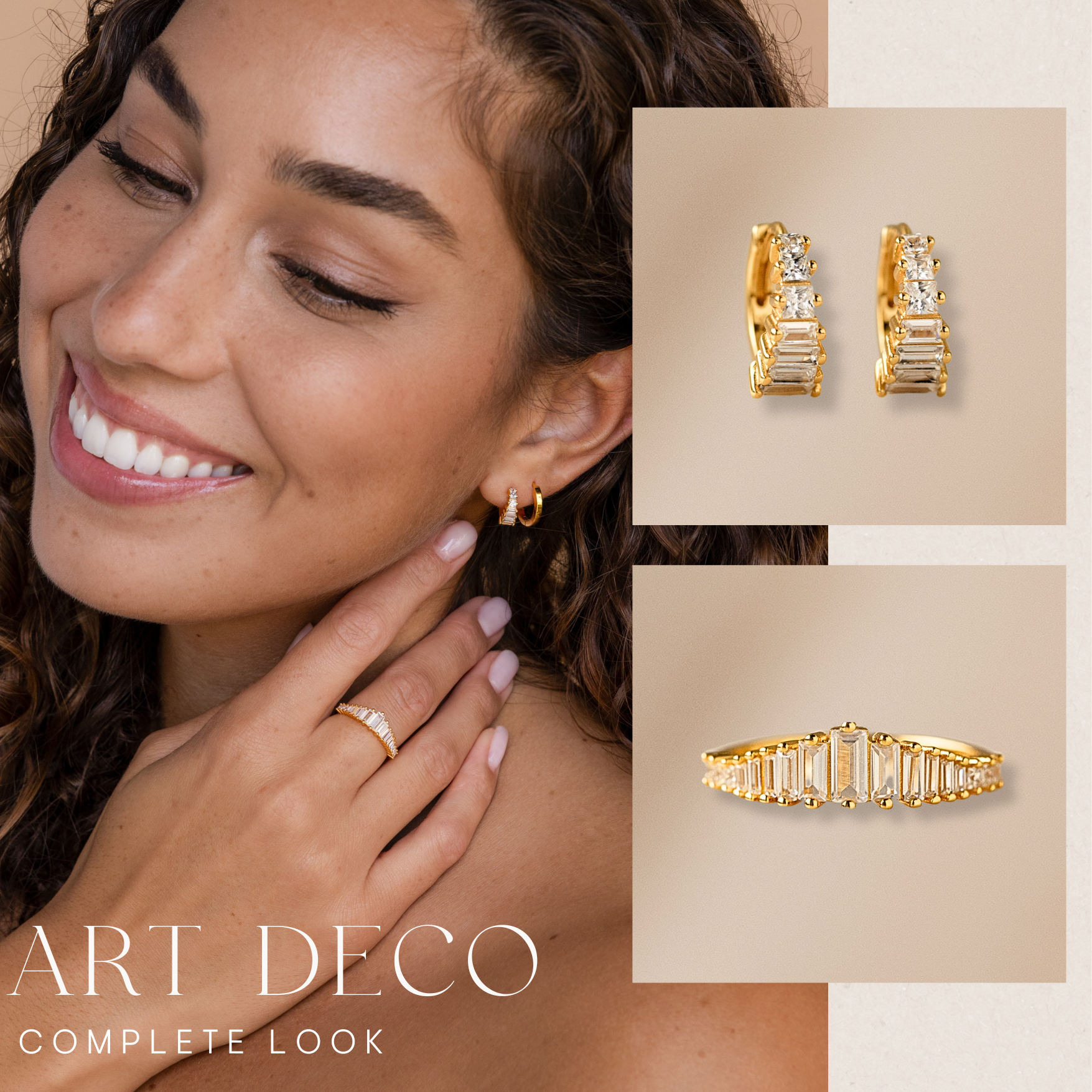 A smiling woman wears the Art Deco Huggies & Ring Set; close-ups showcase the gold earrings and ring with baguette diamonds, highlighting their dazzling design.