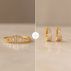 Art Deco Huggies & Ring Set: gold ring with baguette stones (left) and gold hoop earrings with stones (right) combine in this chic, modern jewelry bundle inspired by Art Deco design.