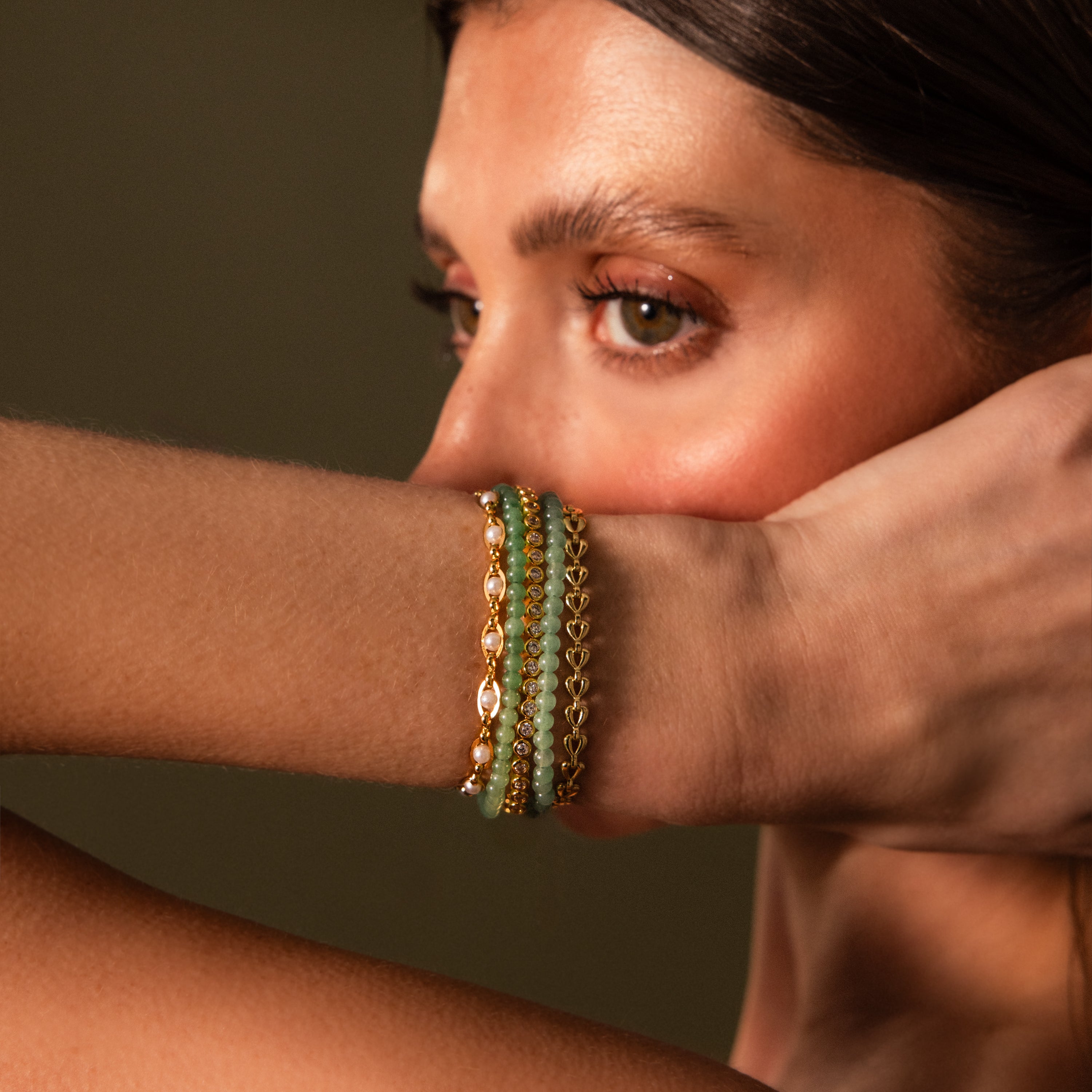 Beaded Green Jade Gemstone Gold Charm Bracelet | Caitlyn Minimalist