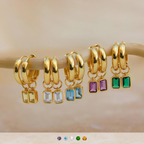 Five pairs of Dangling Gemstone Hoops with a gold finish and colorful, removable emerald-cut gemstones dangle elegantly—perfect for those who love versatile gemstone hoop earrings.