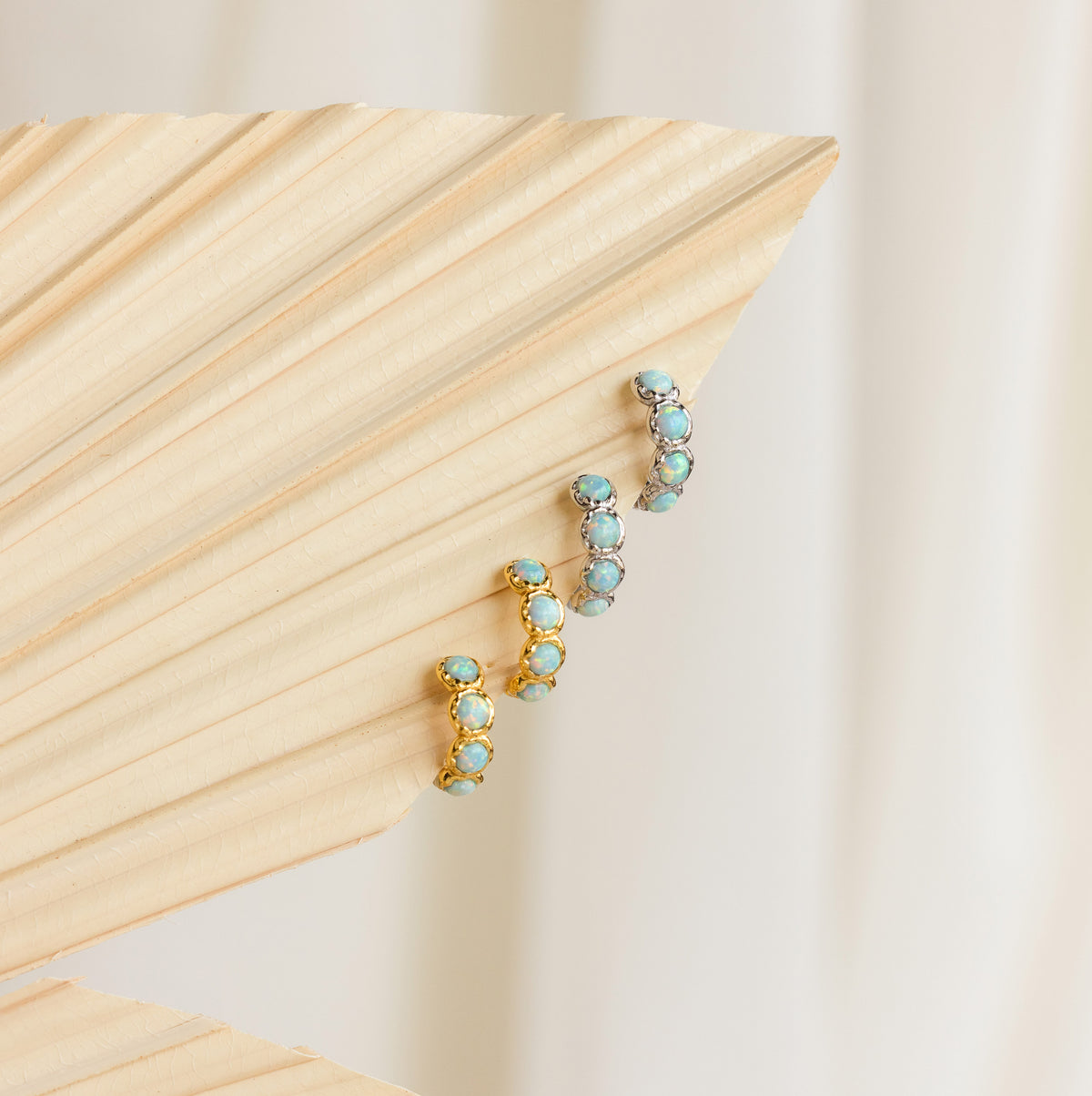 Opal Bezel Huggies in Silver