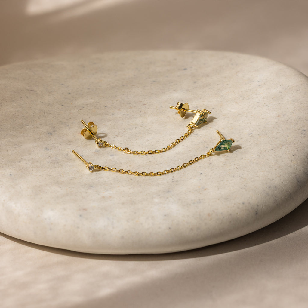 Agate Diamond Chain Earrings in 18K Gold