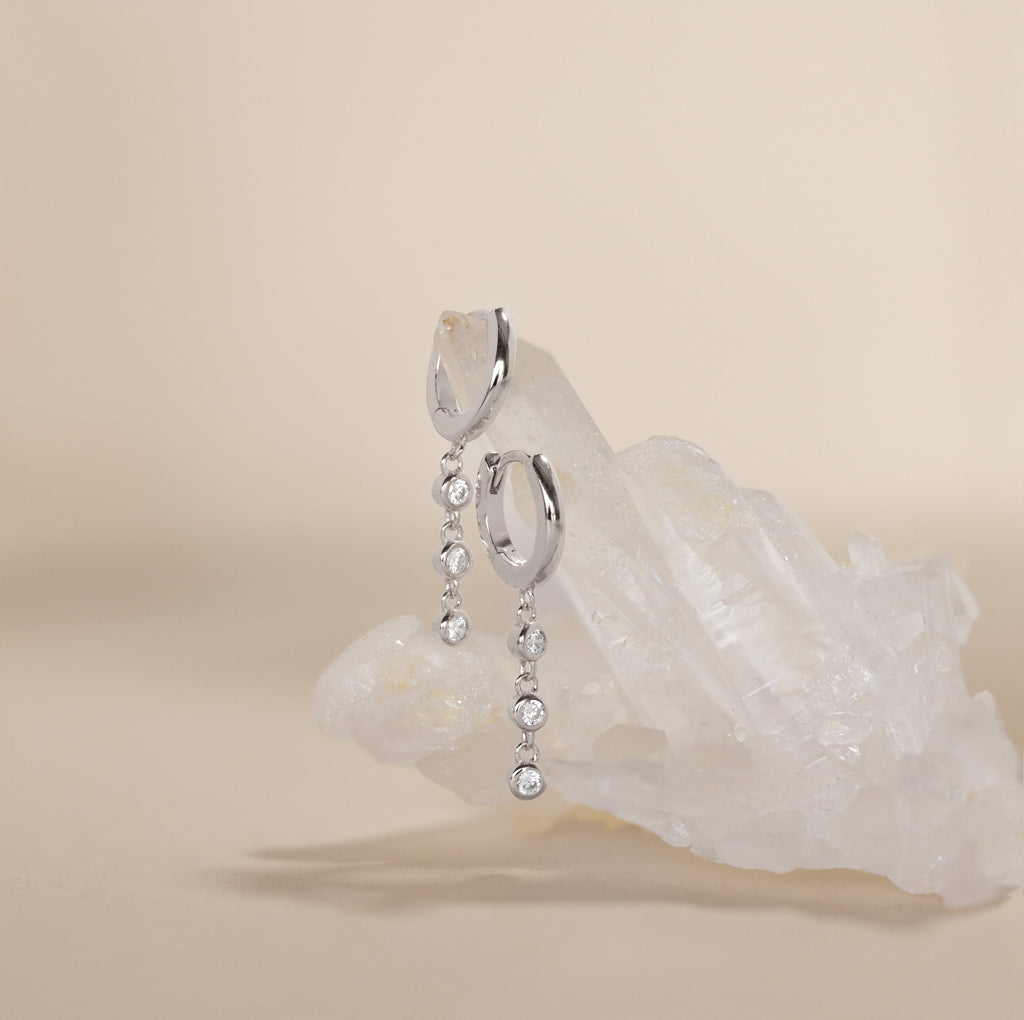 Dangling Diamond Chain Huggies in Silver