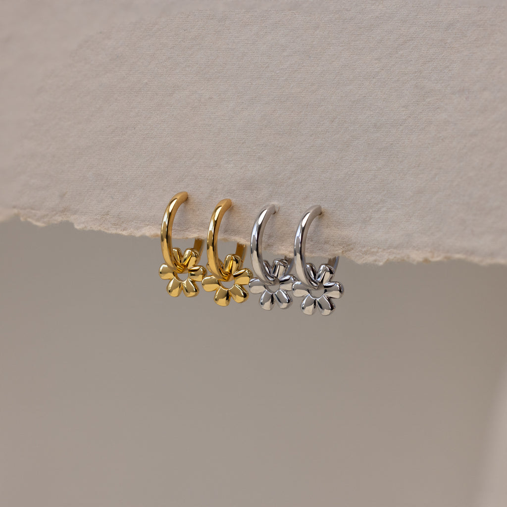 Dangling Blossom Huggies in 18K Gold