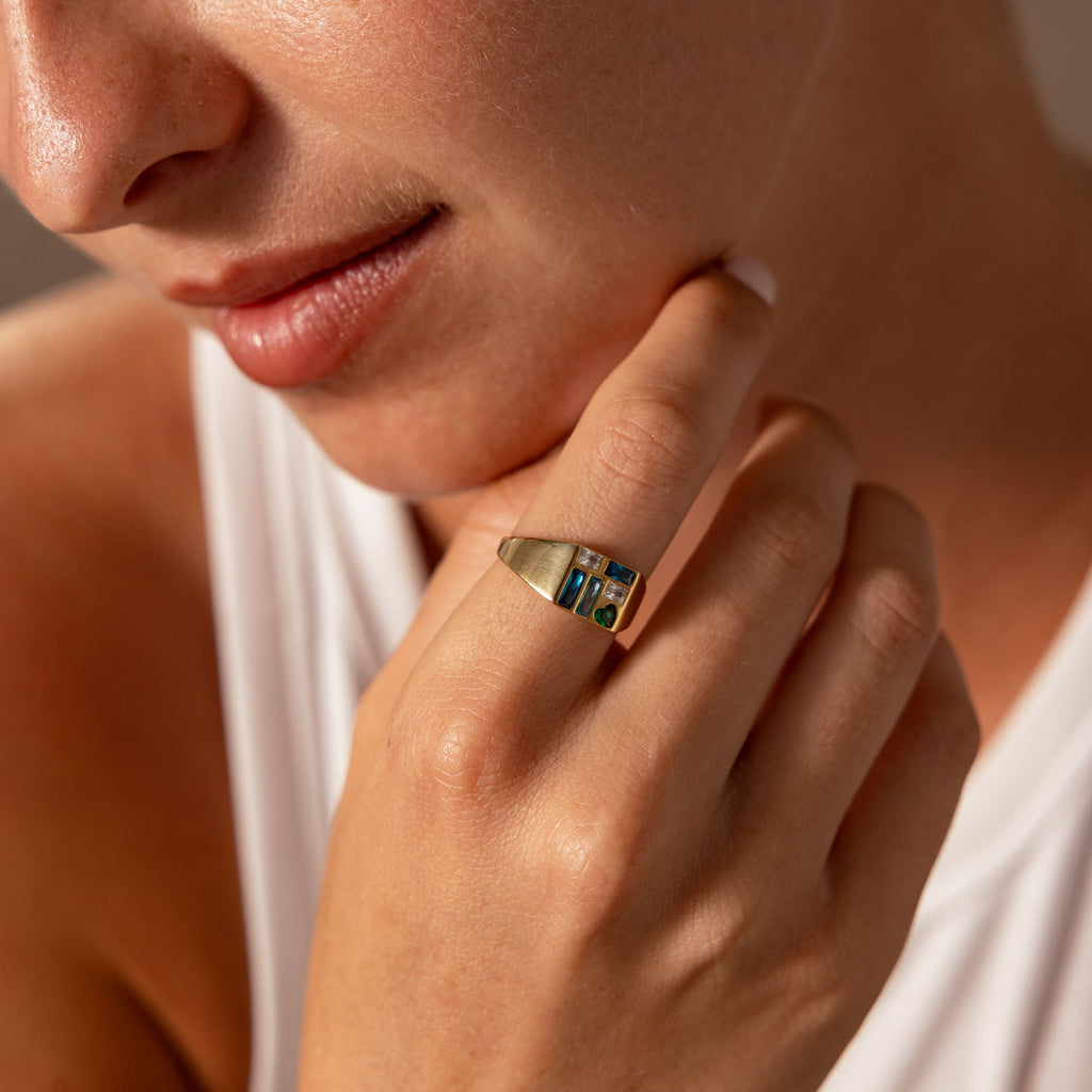 Mosaic Birthstone Signet Ring in 18K Gold