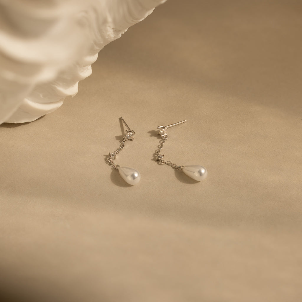 Diamond Pearl Chain Earrings in Silver