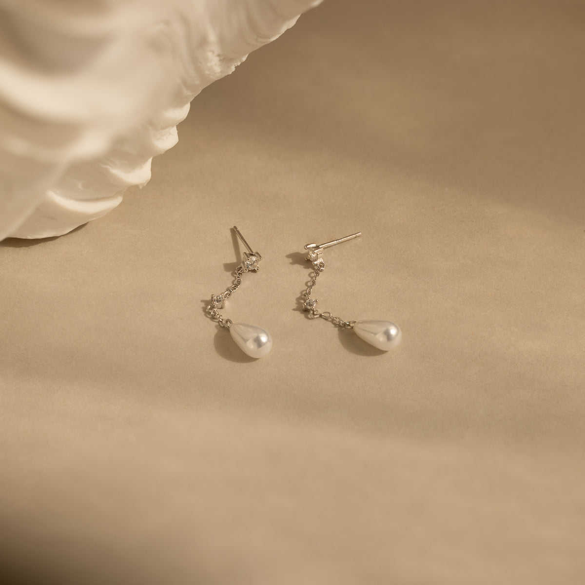 Diamond Pearl Chain Earrings in Silver