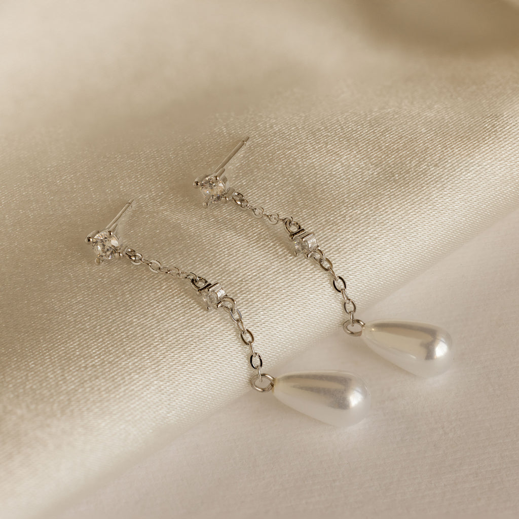 Diamond Pearl Chain Earrings in Silver