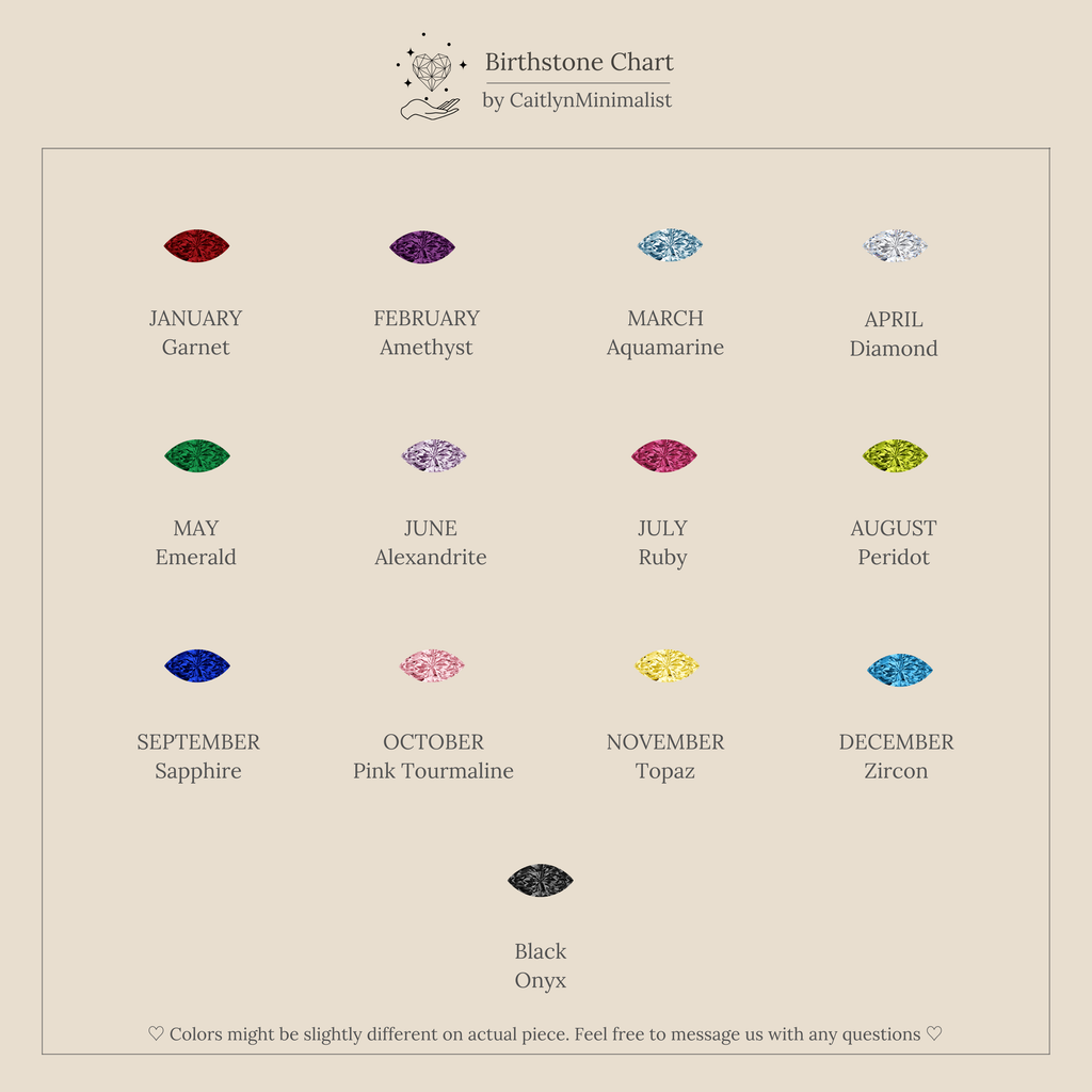 A minimalist birthstone chart features gems for each month, a pair of Birthstone Flower Studs, and a black onyx gem—perfect inspiration for creating personalized or gemstone earrings.