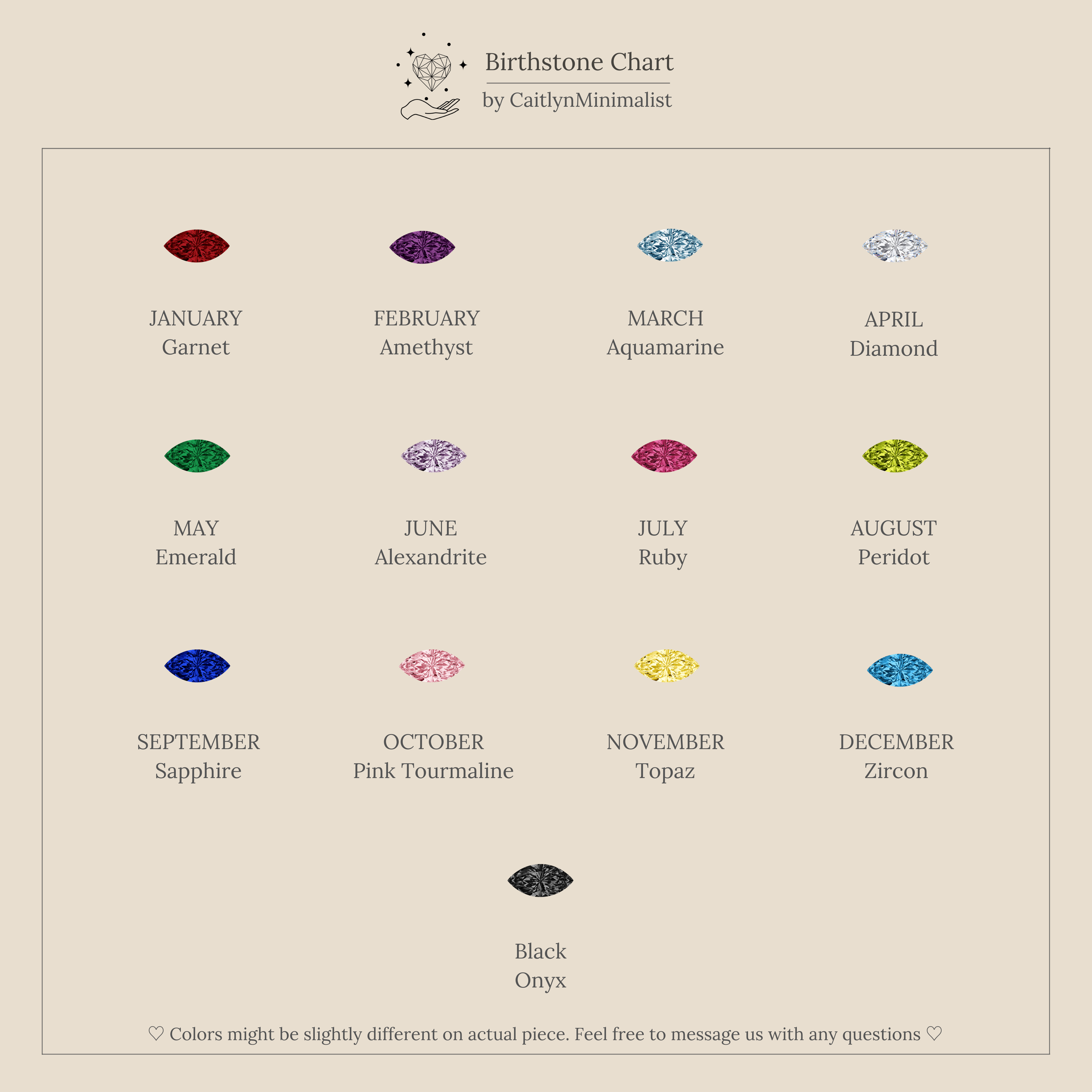 A minimalist birthstone chart features gems for each month, a pair of Birthstone Flower Studs, and a black onyx gem—perfect inspiration for creating personalized or gemstone earrings.