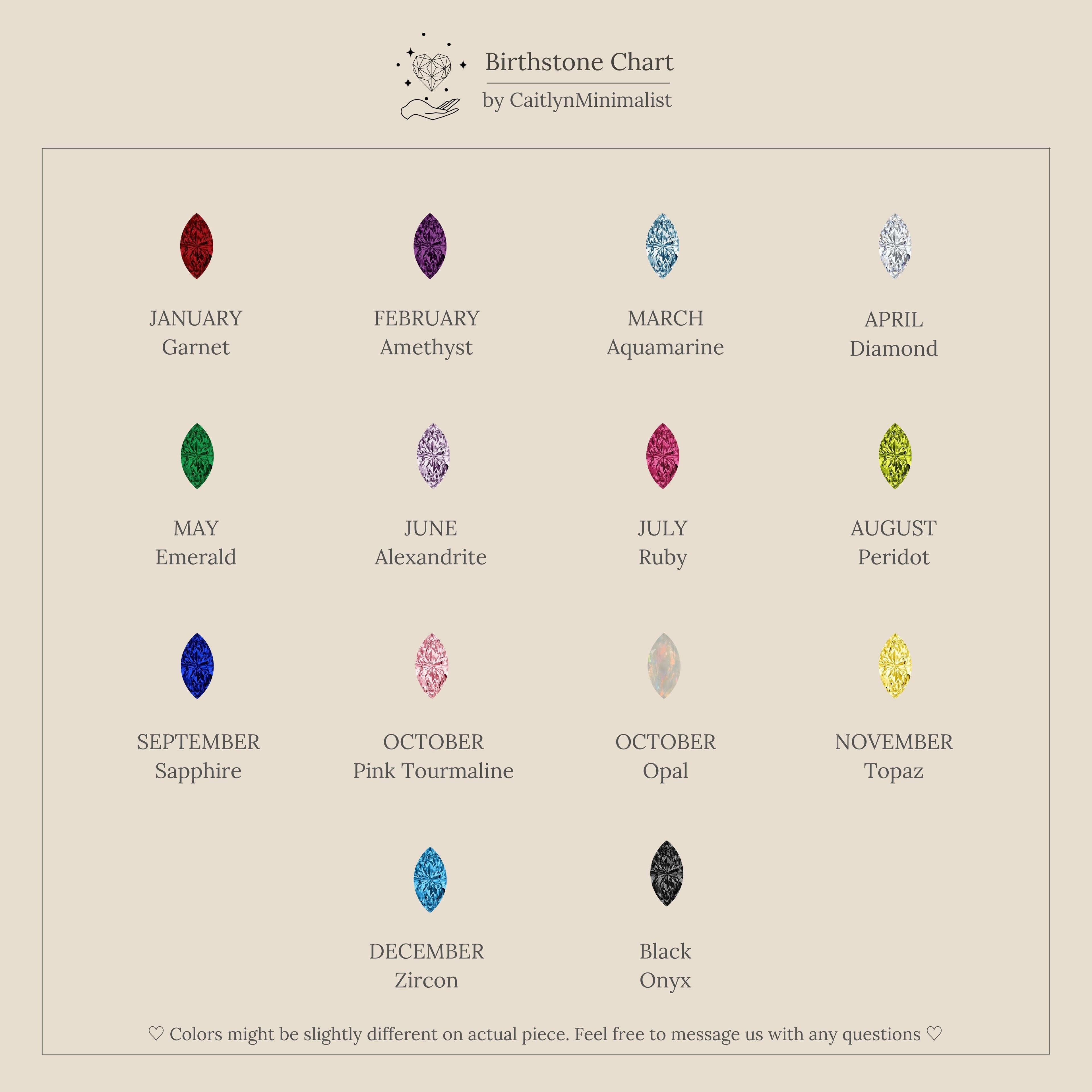 A chart on a beige background displays marquise cut birthstones with names for each month, inspired by the Multiple Marquise Birthstone Ring in 18K Gold.