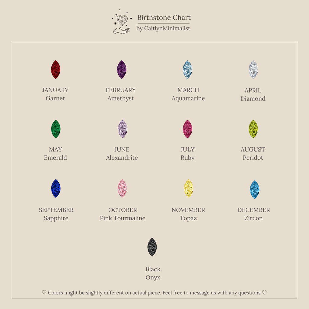 Birthstone chart featuring colored gems for each month and a black onyx gem—perfect for pairing with Marquise Birthstone Studs.