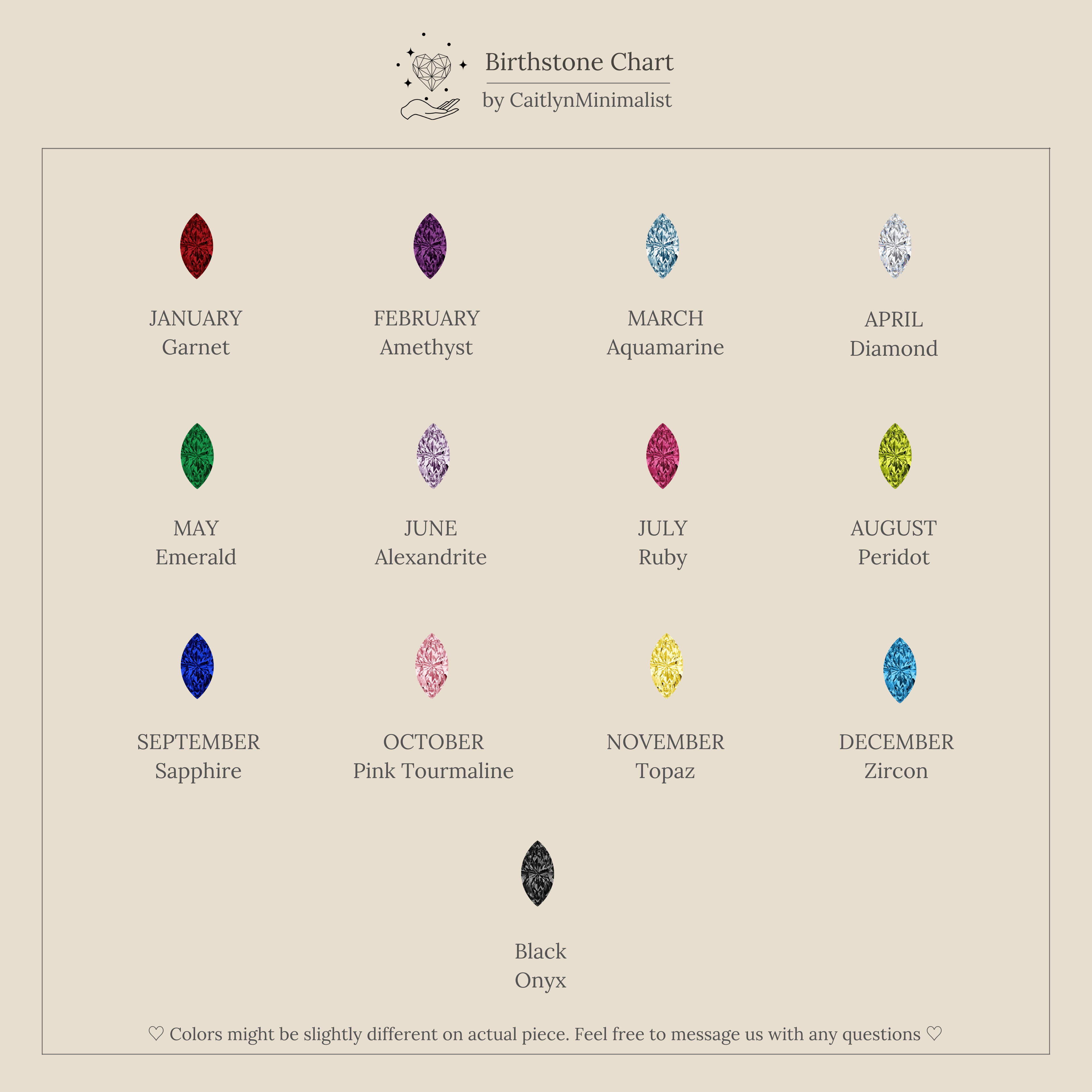 Birthstone chart featuring colored gems for each month and a black onyx gem—perfect for pairing with Marquise Birthstone Studs.