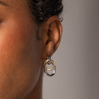 Close-up of a person's ear wearing Mixed Metal Linked Earrings—contemporary gold and silver double hoops—set against a neutral background.