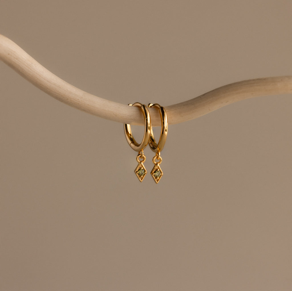 Two Ericka Birthstone Huggies in Peridot (August) hang from a curved, light-colored branch—elegant hoops with sparkling charms that add a vibrant touch to any style.