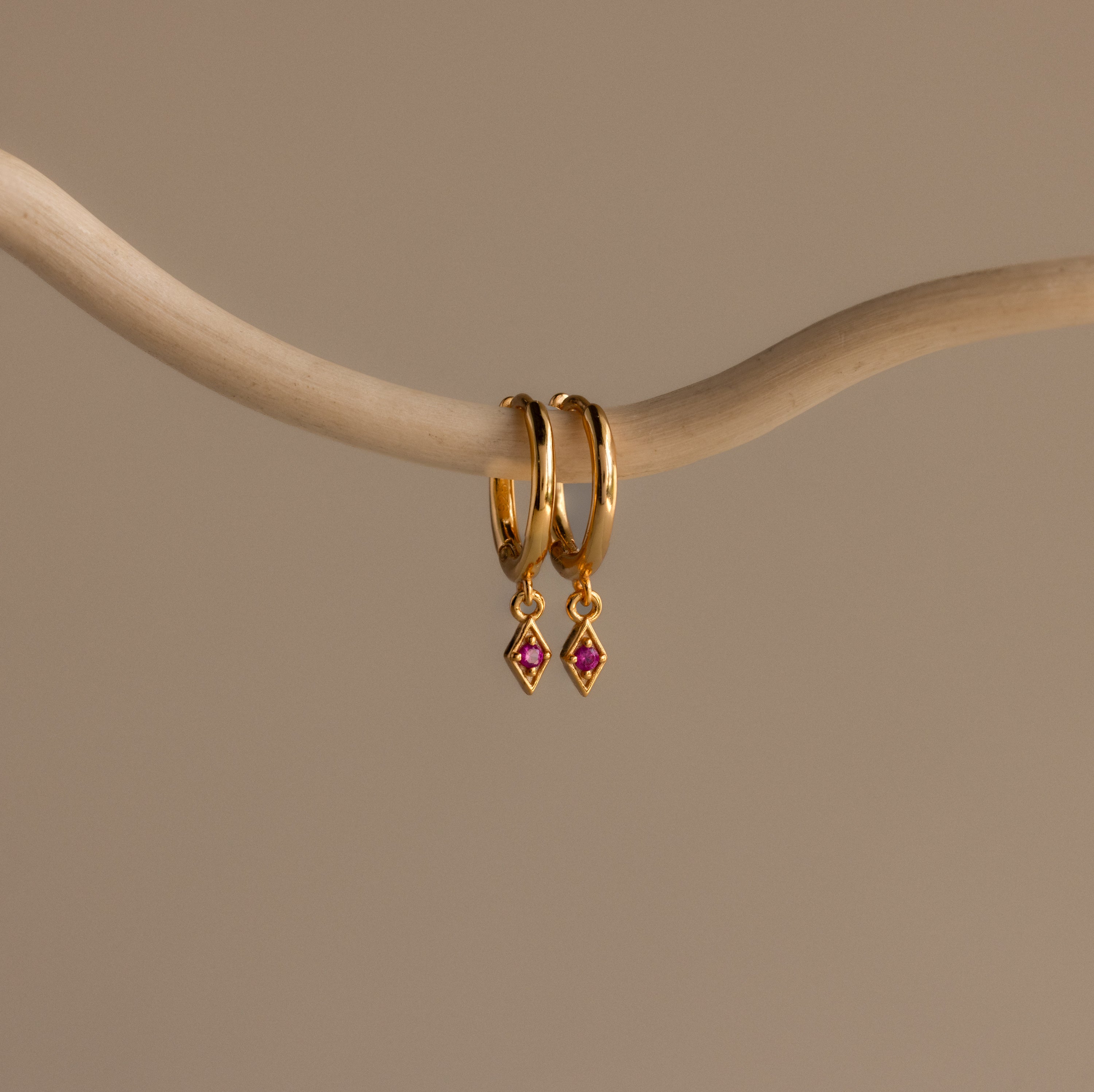 The Ericka Ruby Huggies are gold hoop earrings featuring small red diamond-shaped pendants, elegantly displayed on a curved beige branch against a neutral background.
