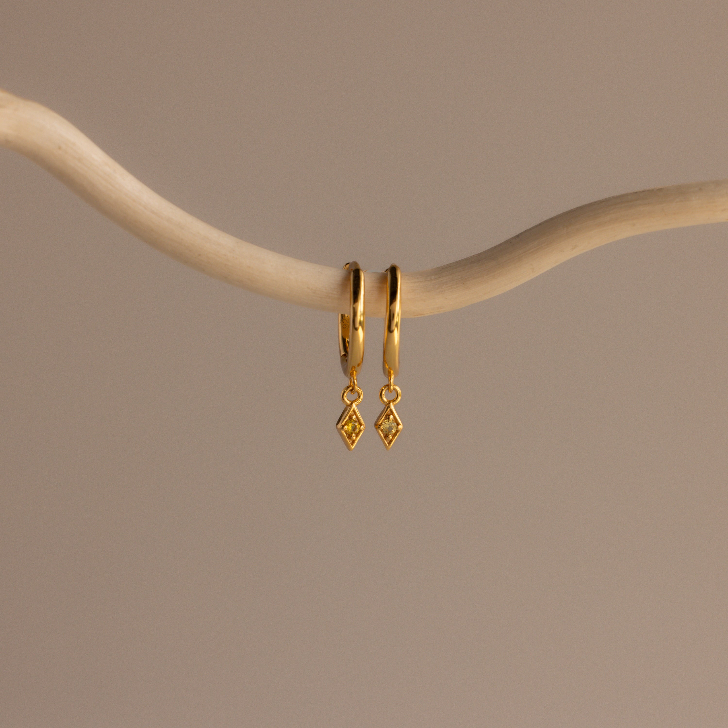 Two Ericka Topaz Huggies earrings, each adorned with a small diamond-shaped charm, hang gracefully from a curved, light-colored branch.