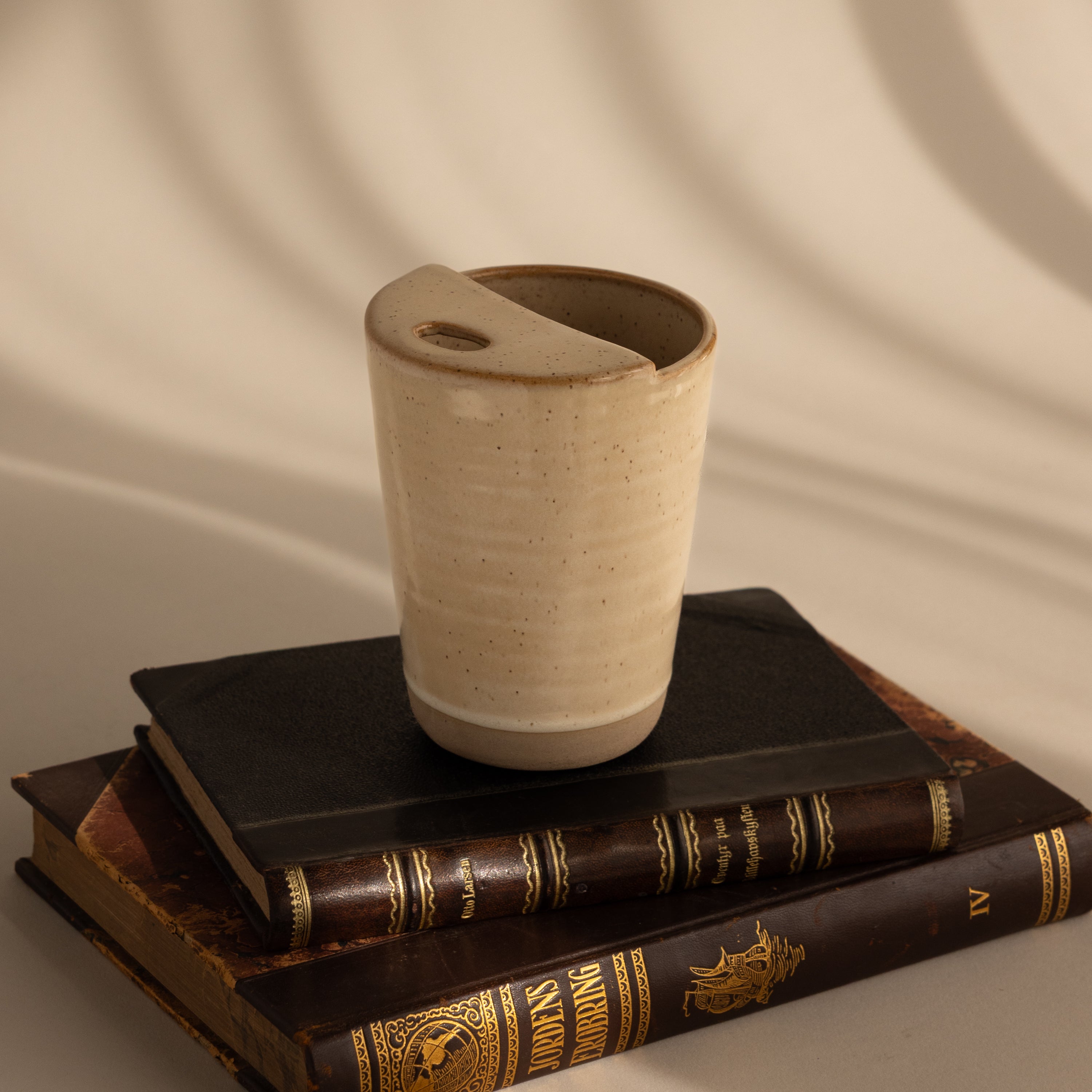 The Everyday Ceramic Mug in beige with a speckled glaze sits atop stacked vintage books, soft shadows behind.