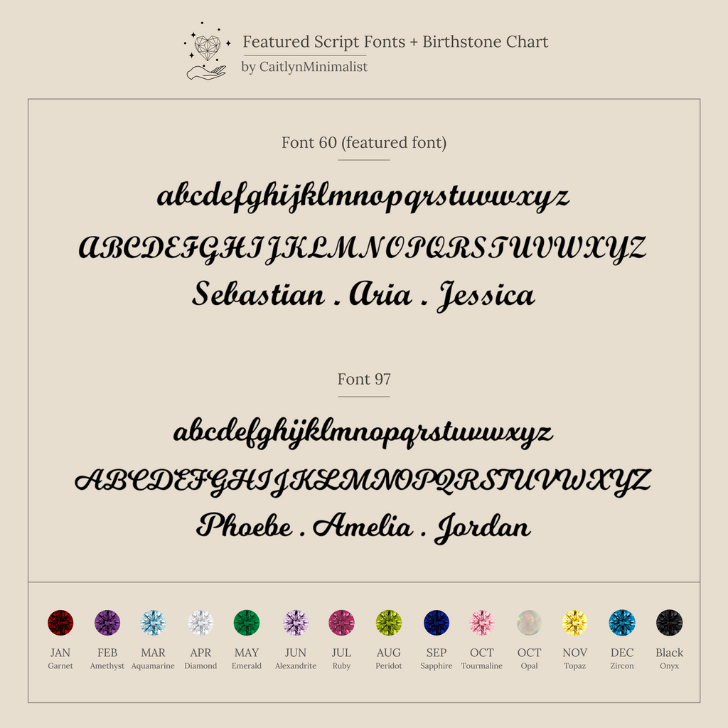 Chart showcasing two stylish script fonts with sample names and colorful monthly icons—ideal for personalizing London Name Ear Jackets or creating unique birthstone earrings.