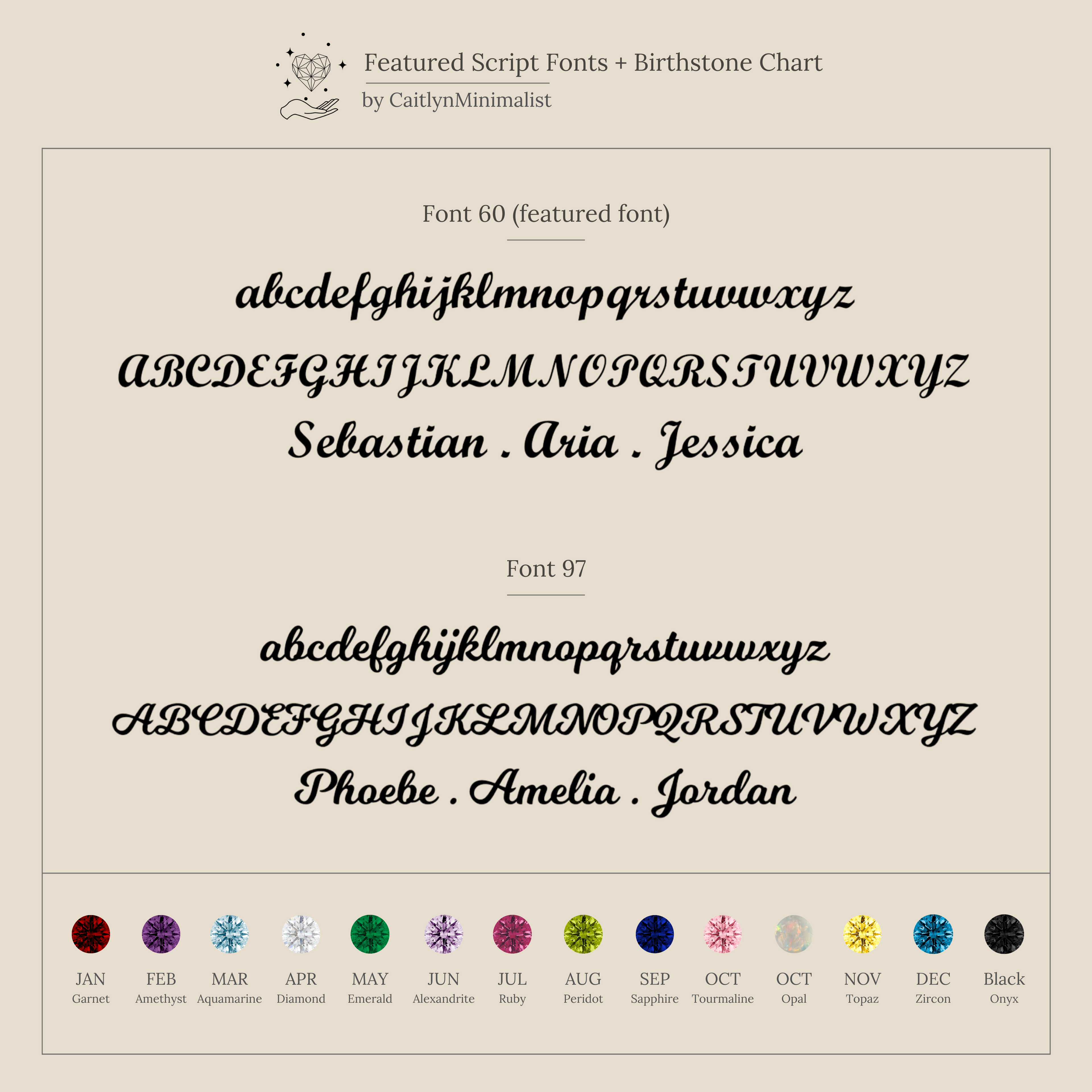 Chart showcasing two stylish script fonts with sample names and colorful monthly icons—ideal for personalizing London Name Ear Jackets or creating unique birthstone earrings.