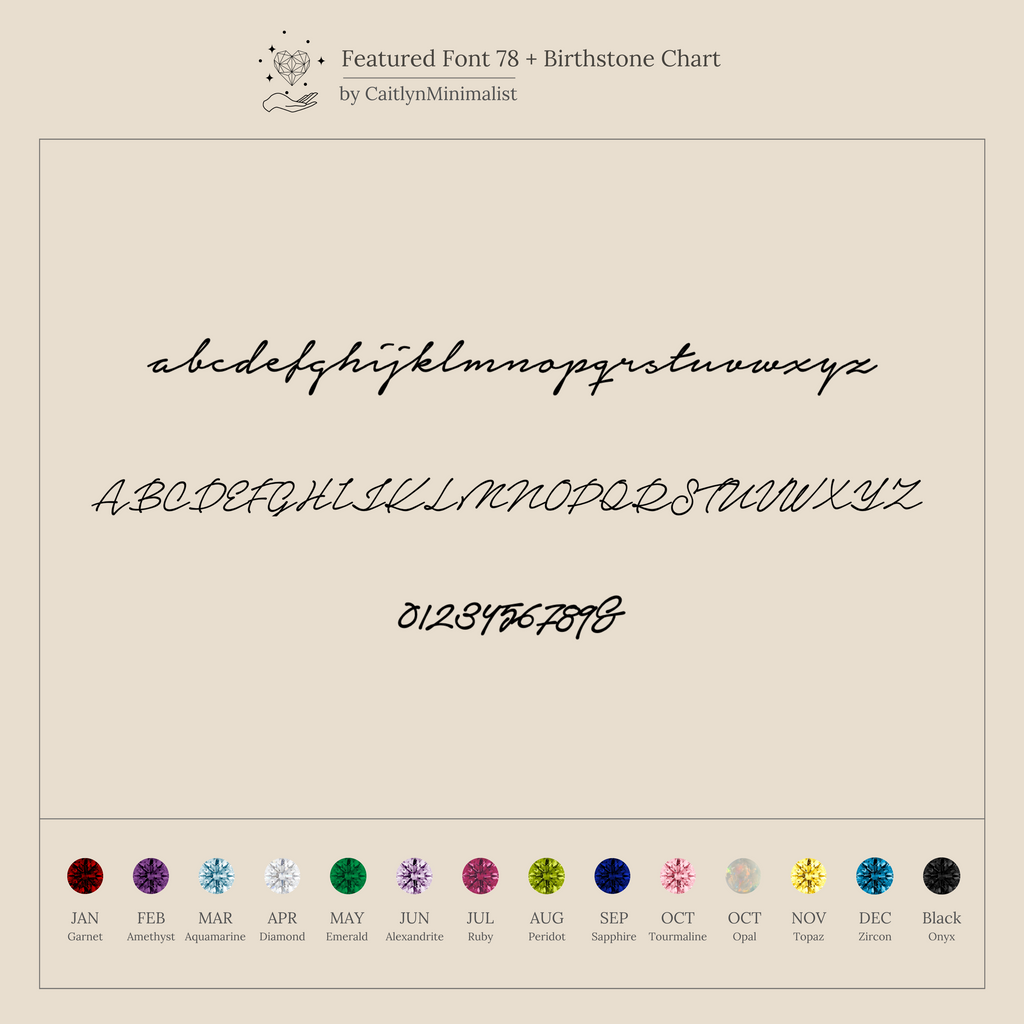 The Venice Initial Birthstone Ring features a cursive alphabet and numbers chart with birthstones for each month, perfect for designing your own personalized or initial birthstone ring.