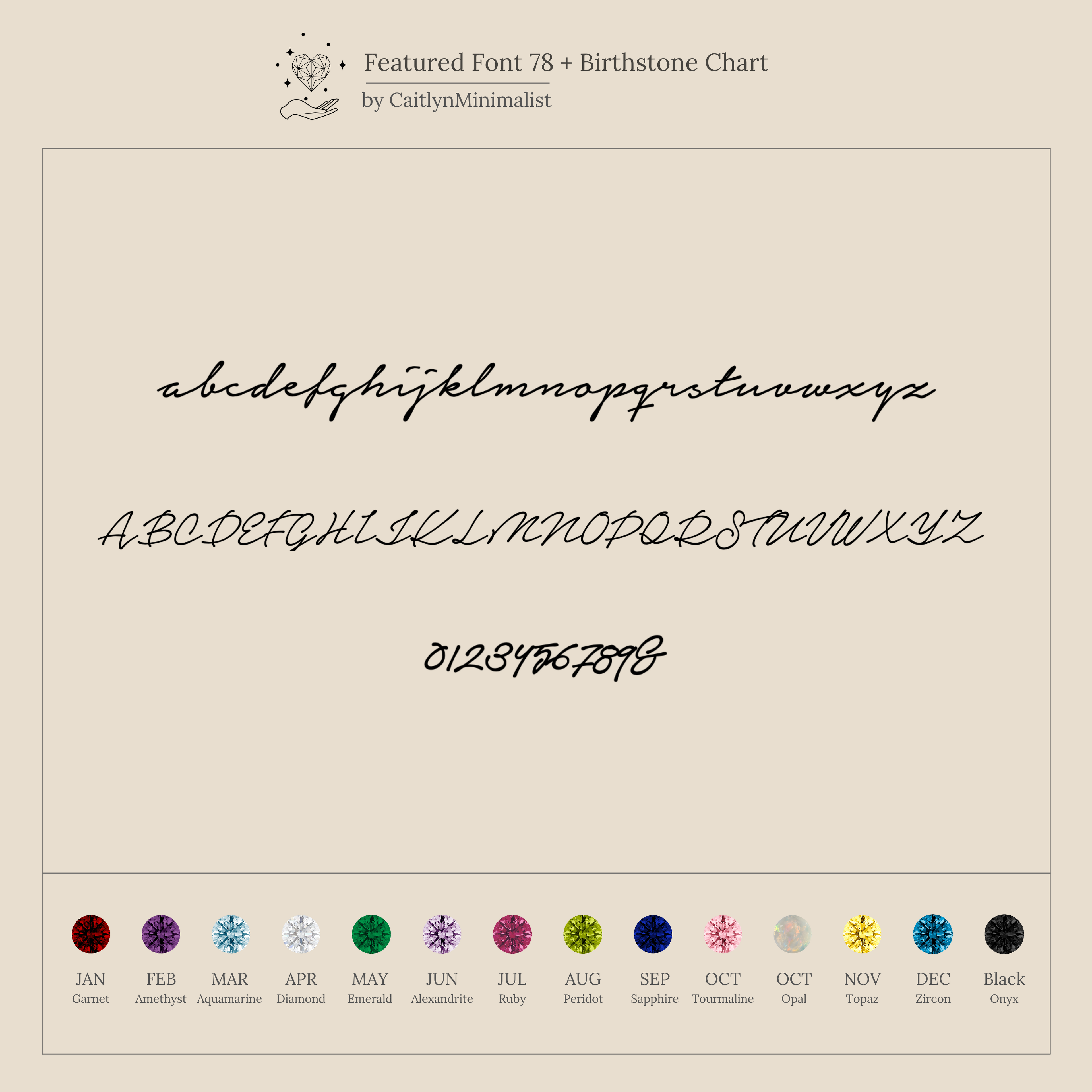 The Venice Initial Birthstone Ring features a cursive alphabet and numbers chart with birthstones for each month, perfect for designing your own personalized or initial birthstone ring.